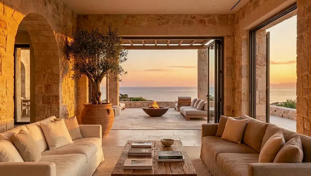 The Alma living room — stone walls, linen seating, terrace doors open to the sea