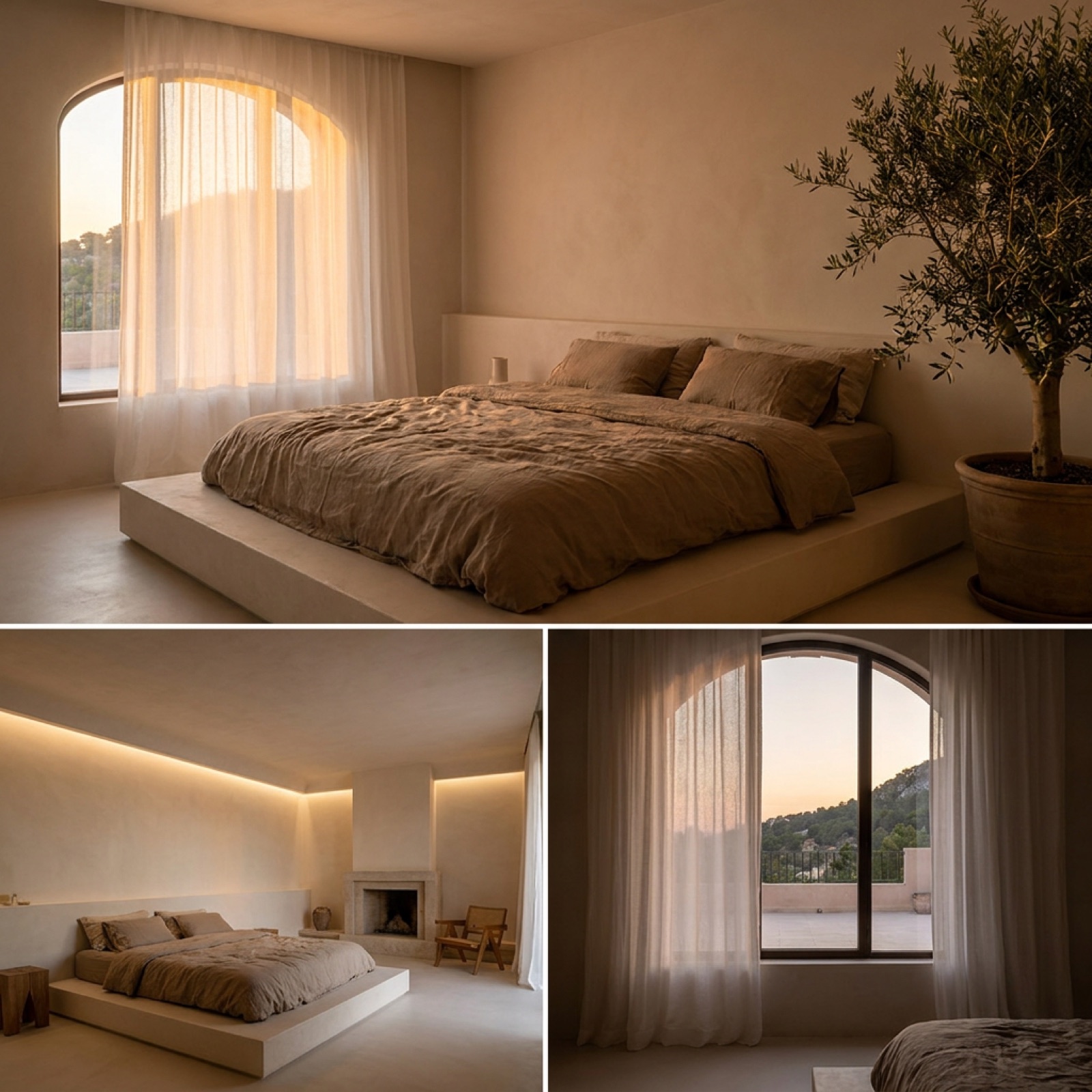 The principal bedroom — linen bed facing the sea through full-height glass