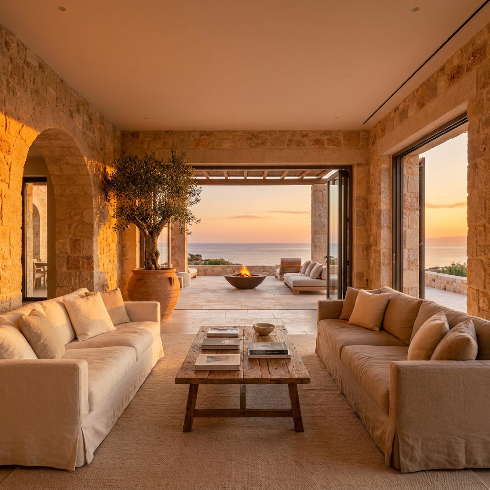 The double-height living room with limestone walls and linen seating