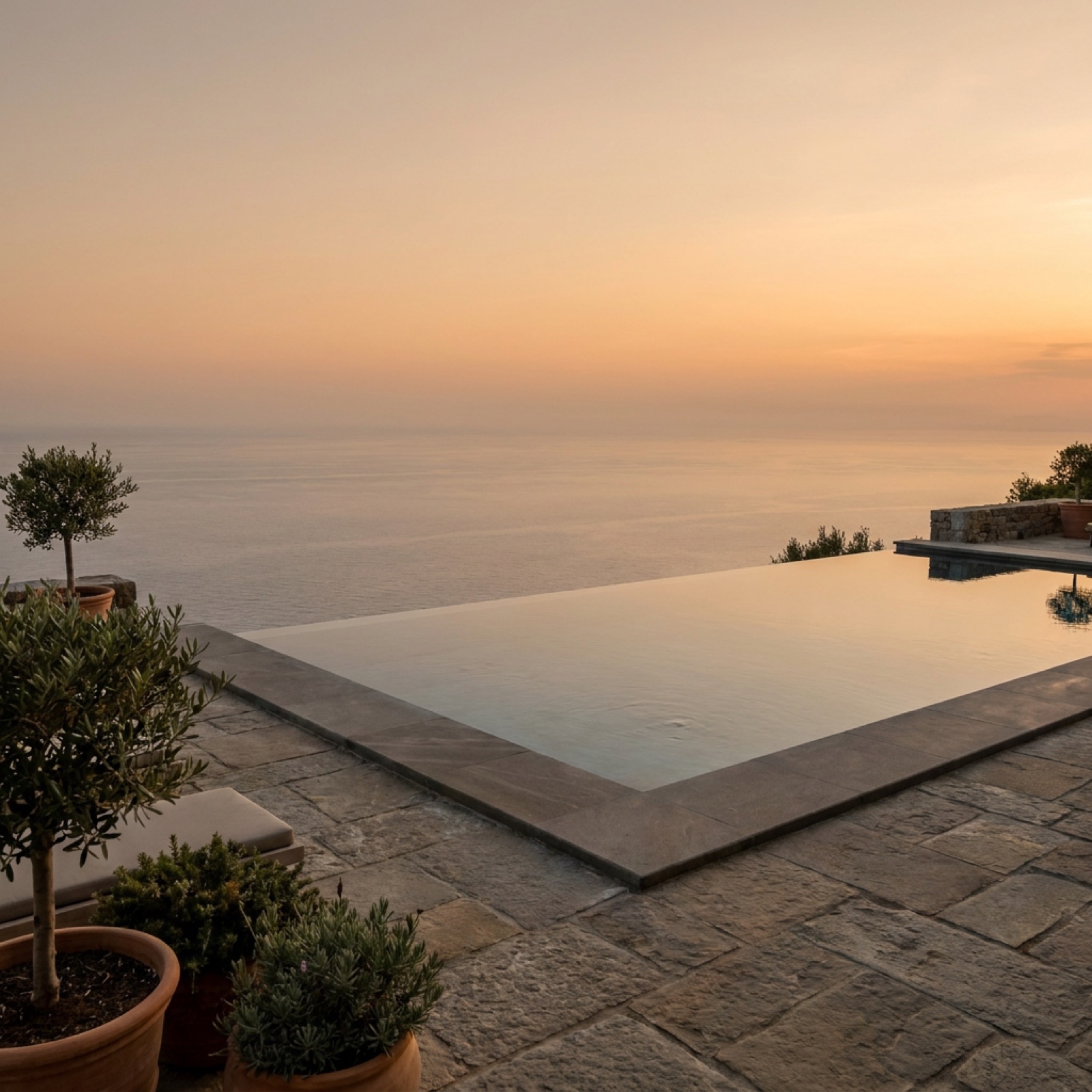 The infinity pool at sunset, its edge meeting the sea horizon