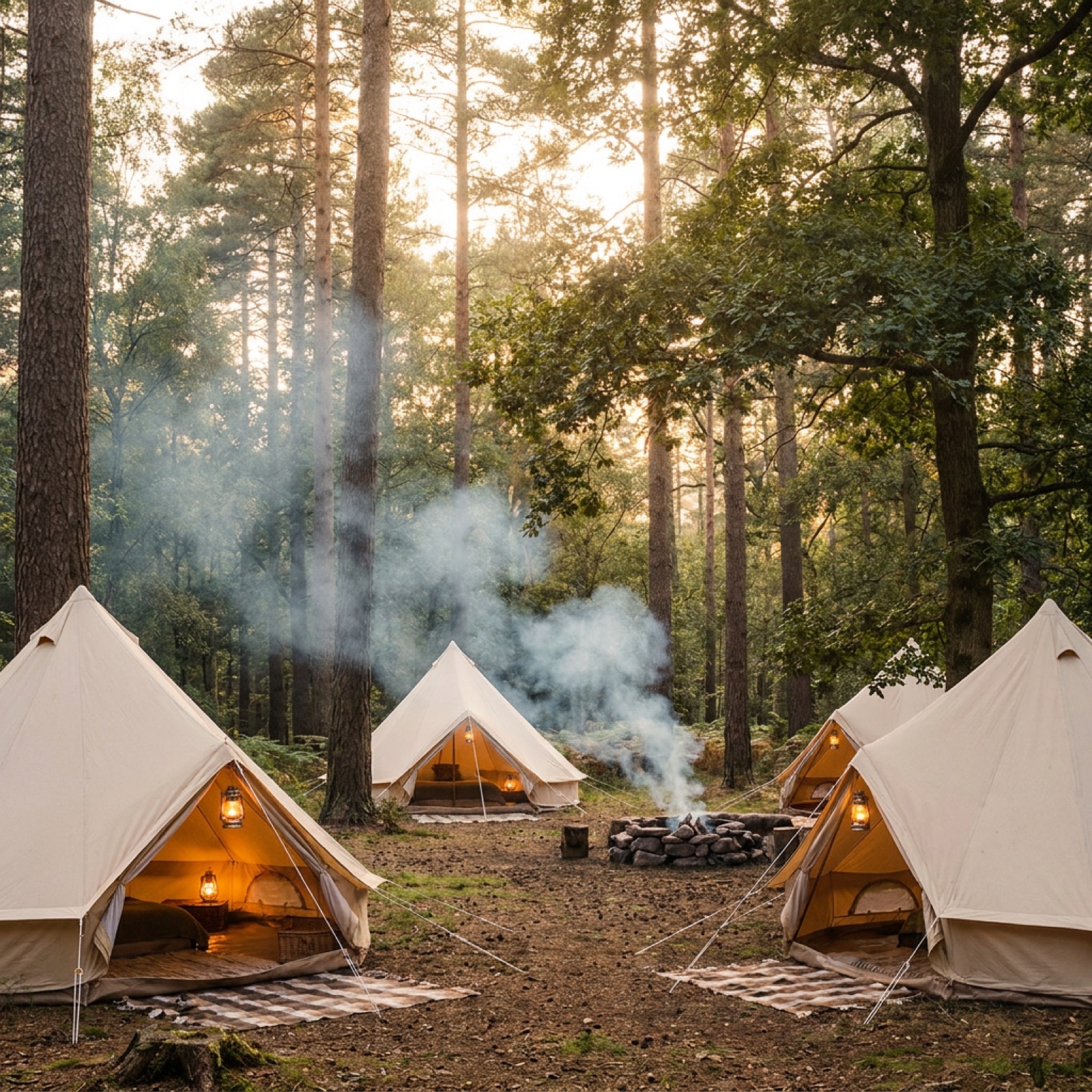 Children gathered around a small campfire in a forest clearing
