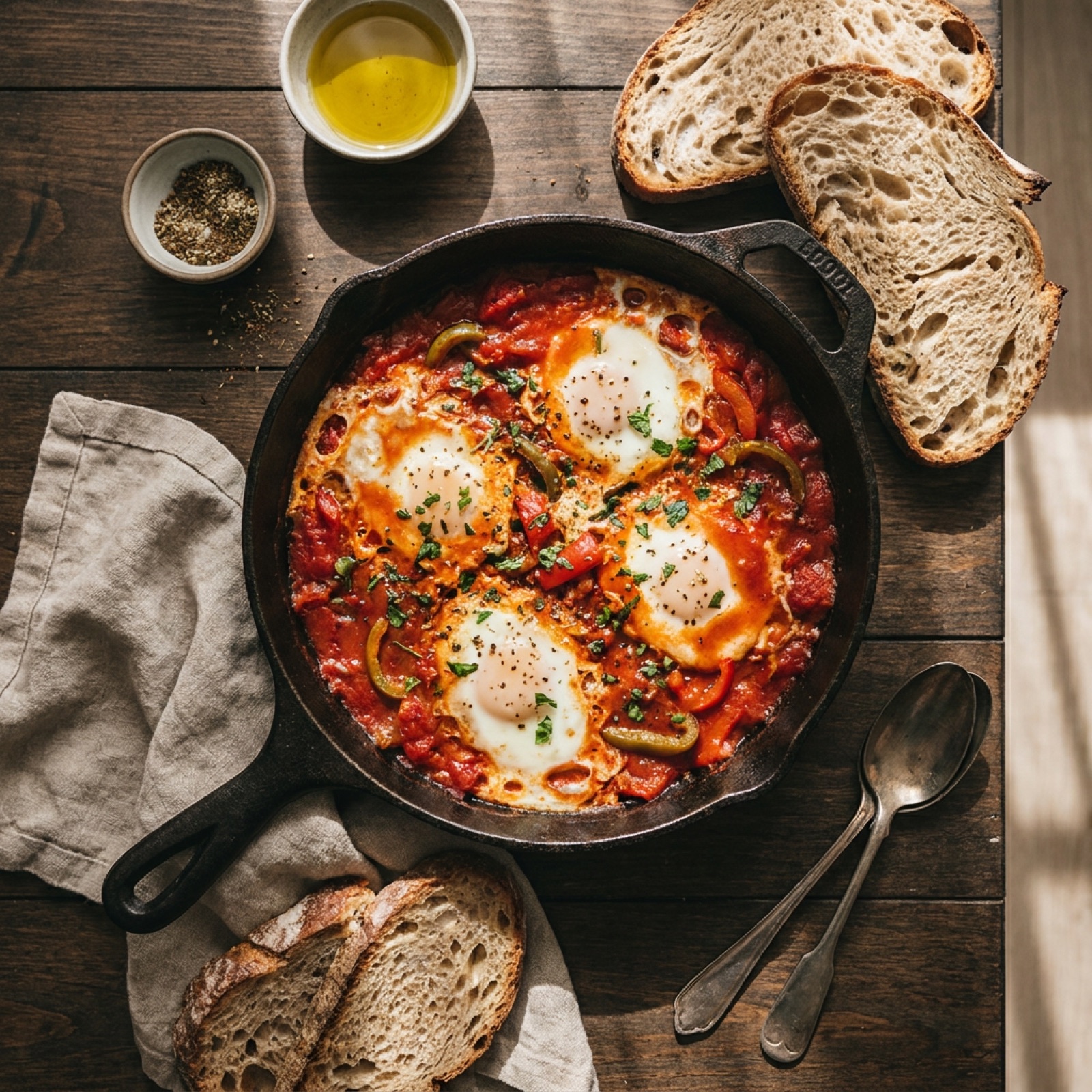 Shakshuka in a cast-iron pan with charred bread