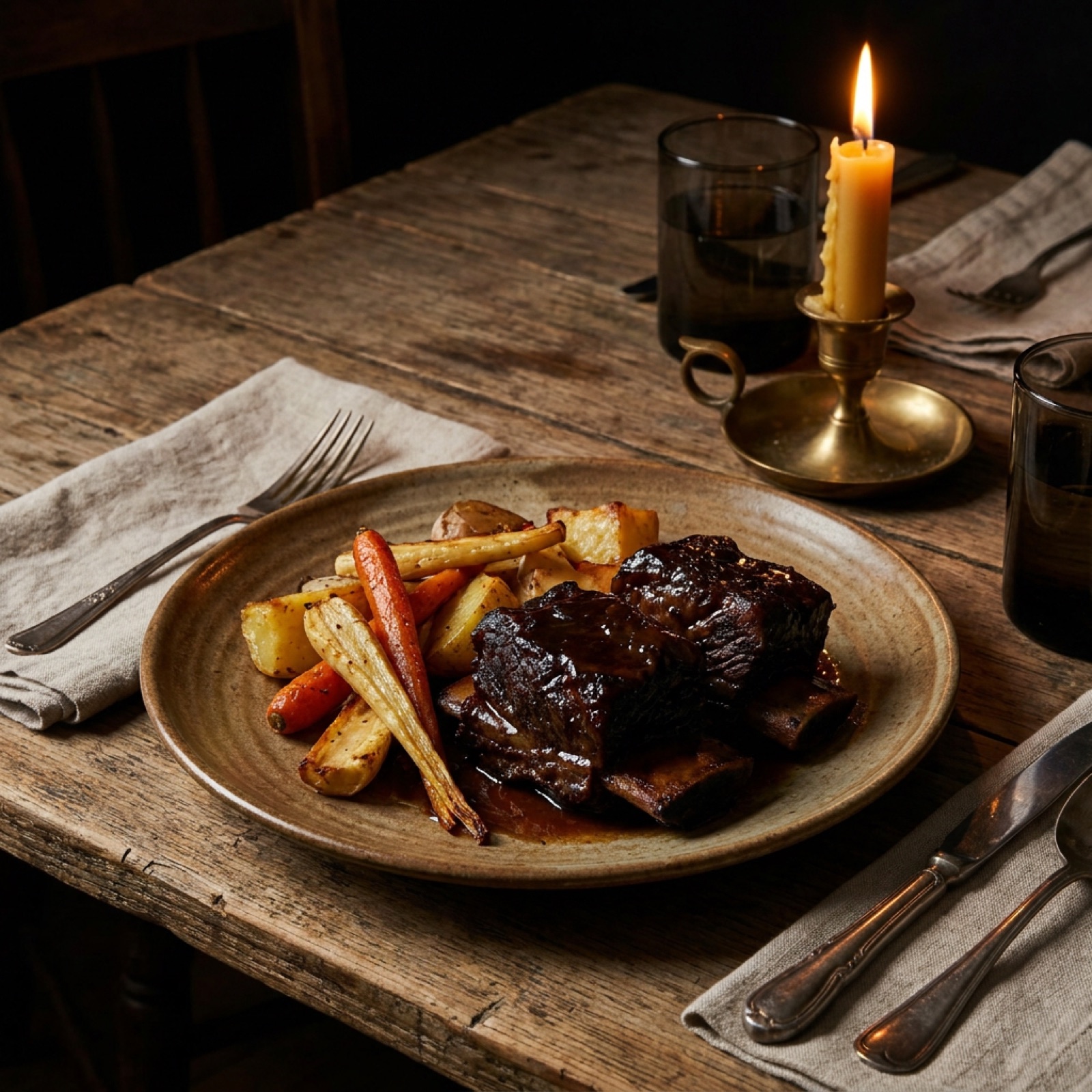 Braised short rib plated by candlelight