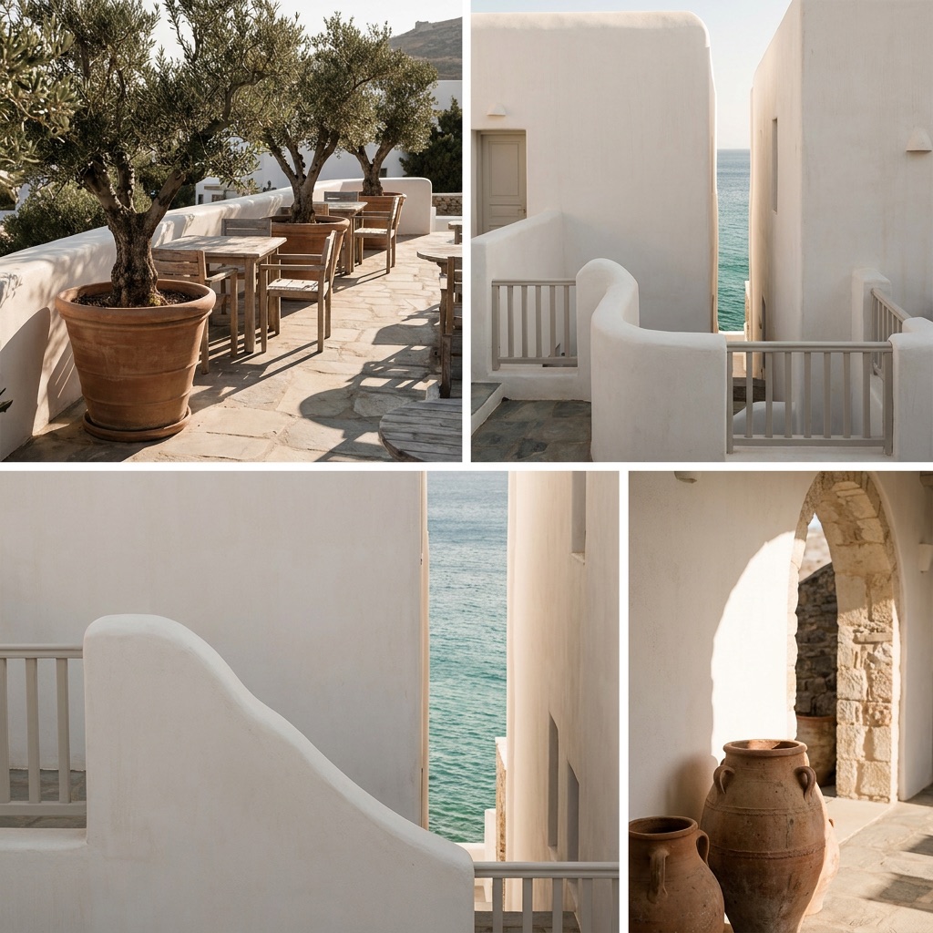 Whitewashed terrace at Casa Verde, olive trees and a sliver of the Mediterranean beyond