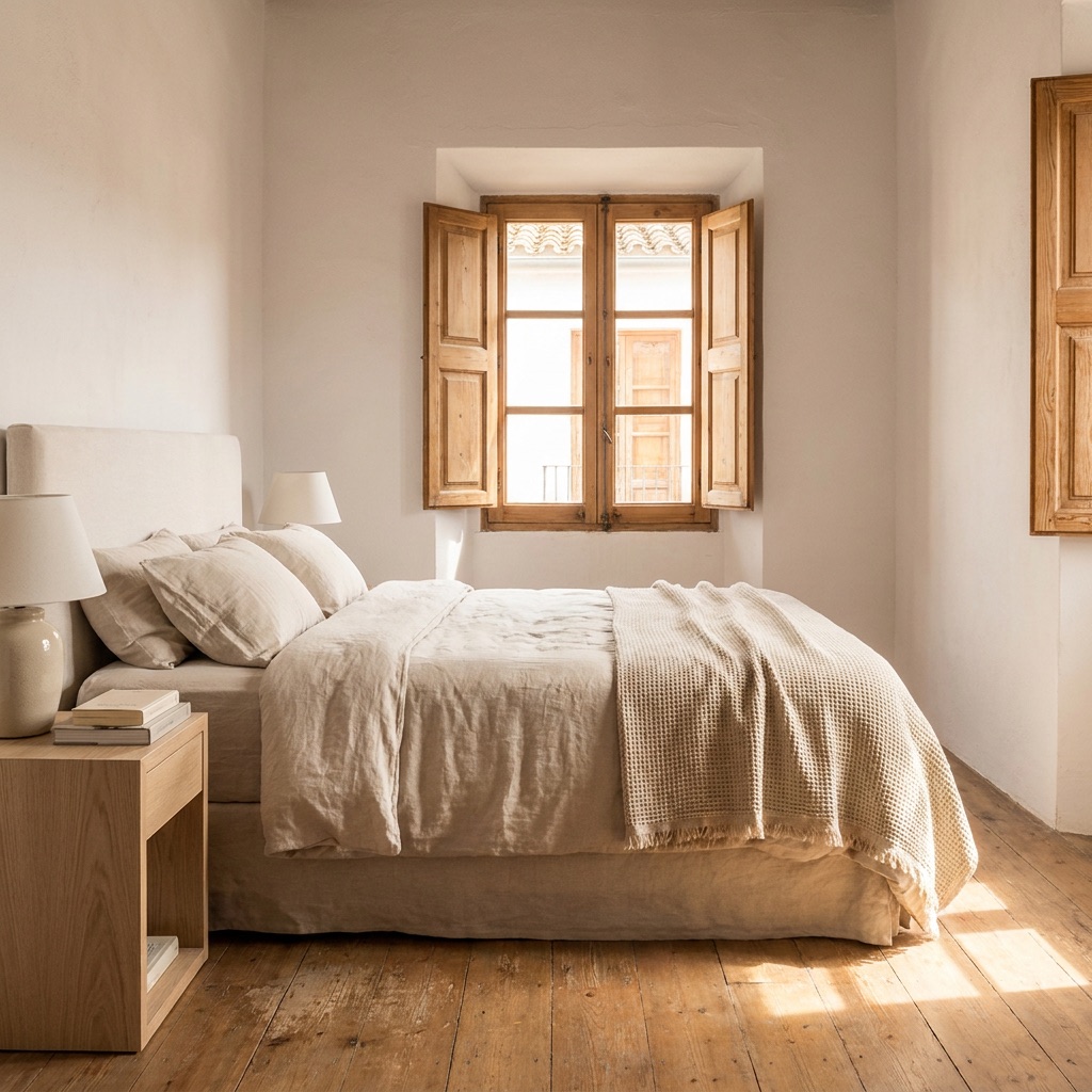 Grove room — whitewashed walls, linen bed, window onto the olive terraces