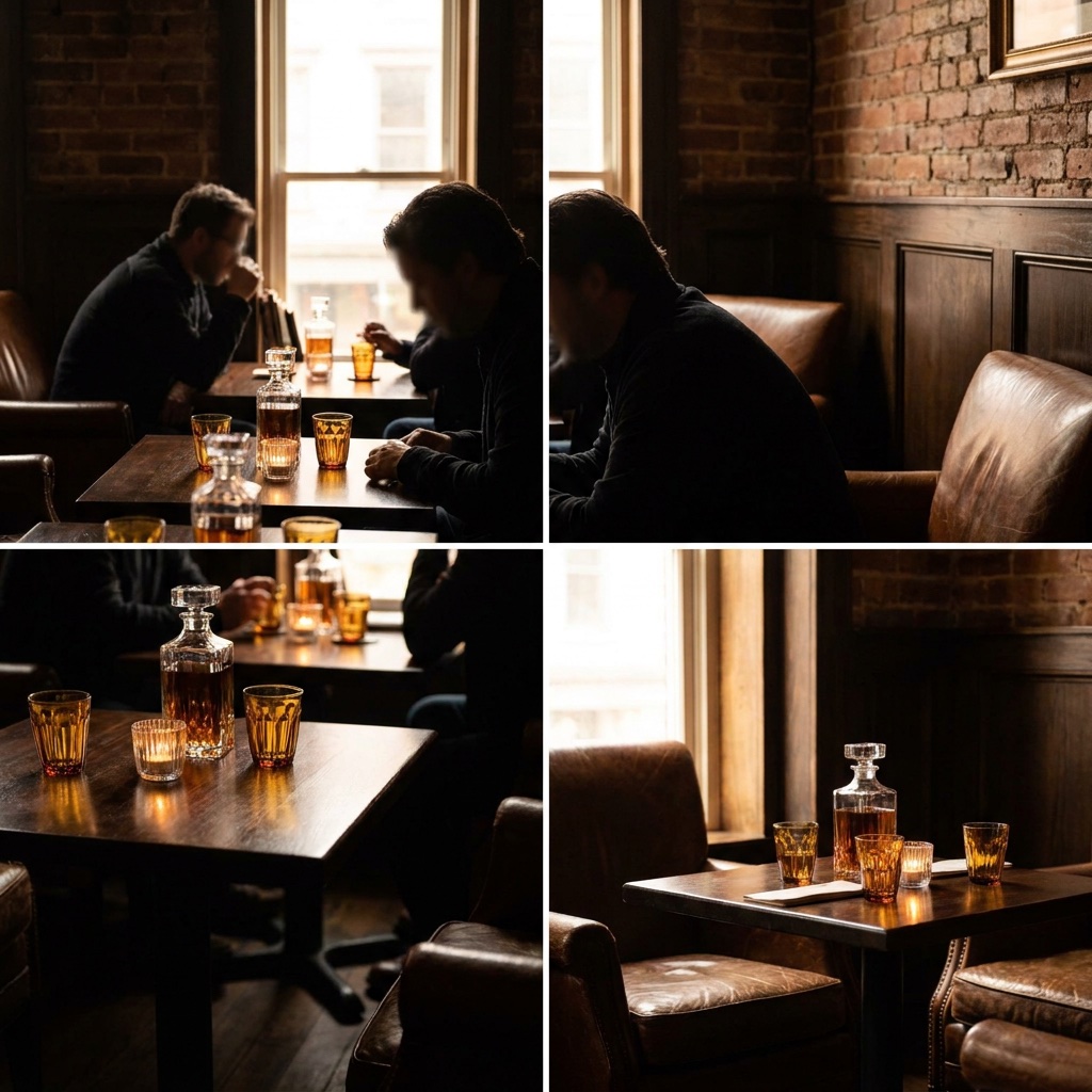 The bar at CINDER lit low, bottles catching the firelight