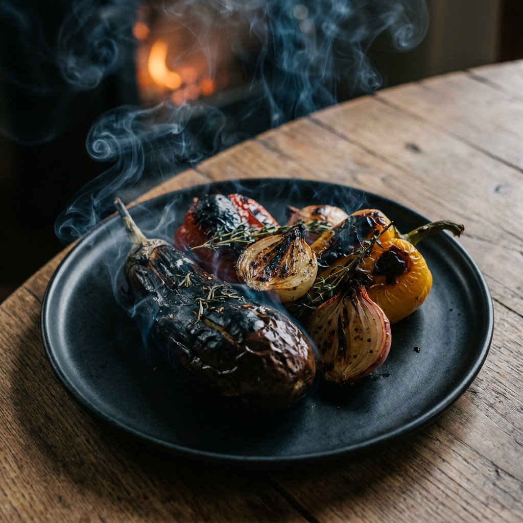 A finished dish plated in the glow of the open kitchen, char marks visible