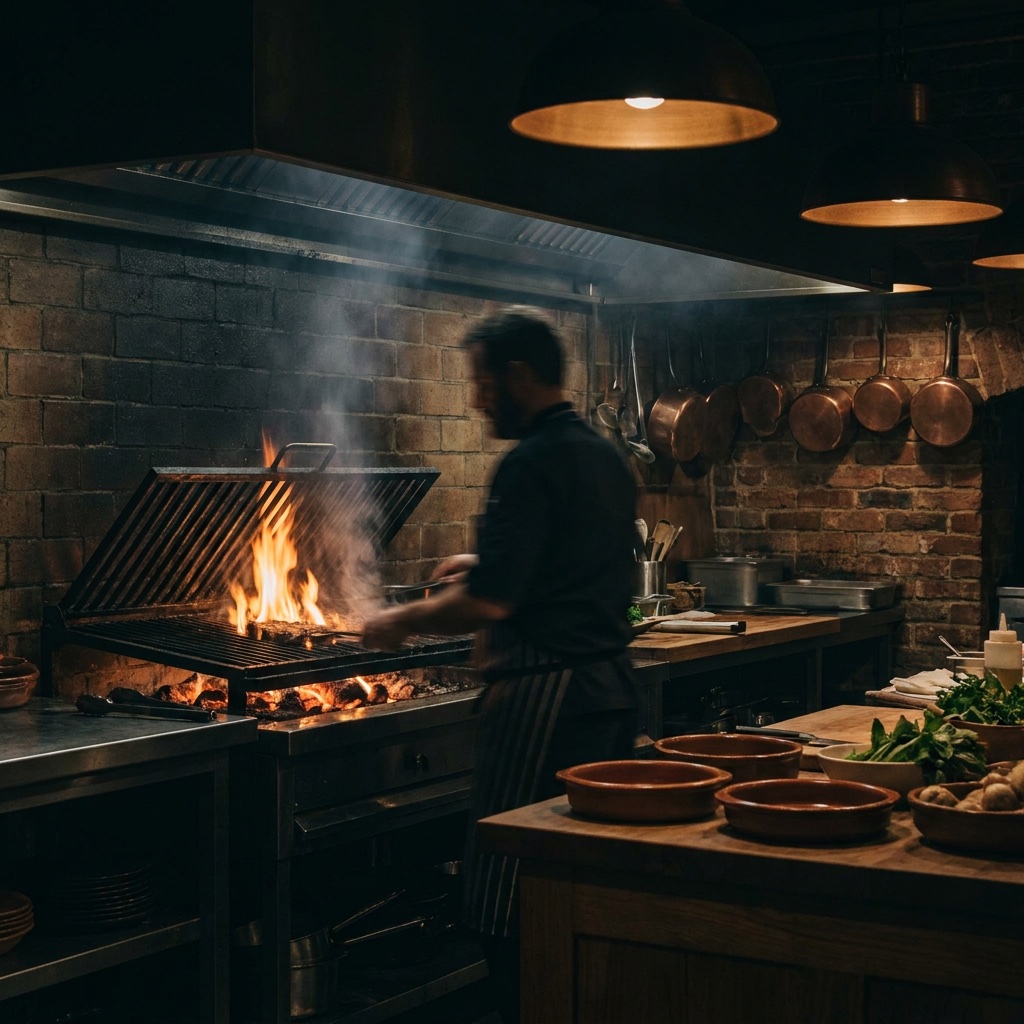 An open-fire kitchen at full heat, flames rising off the grill into the dark
