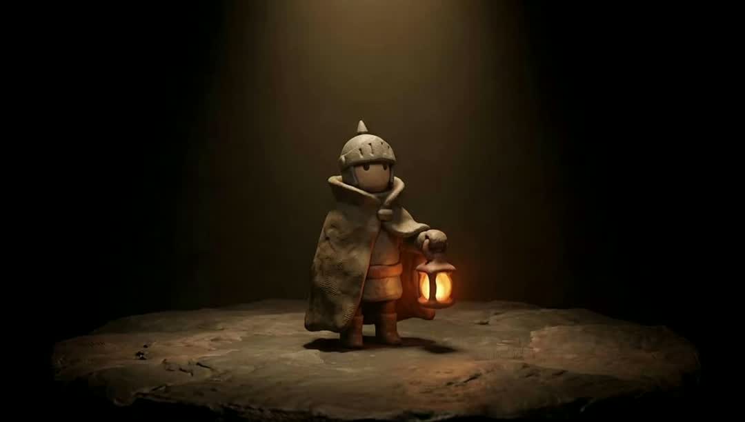 The clay knight of Emberfall standing on a dark stone stage, lantern glowing under a single spotlight