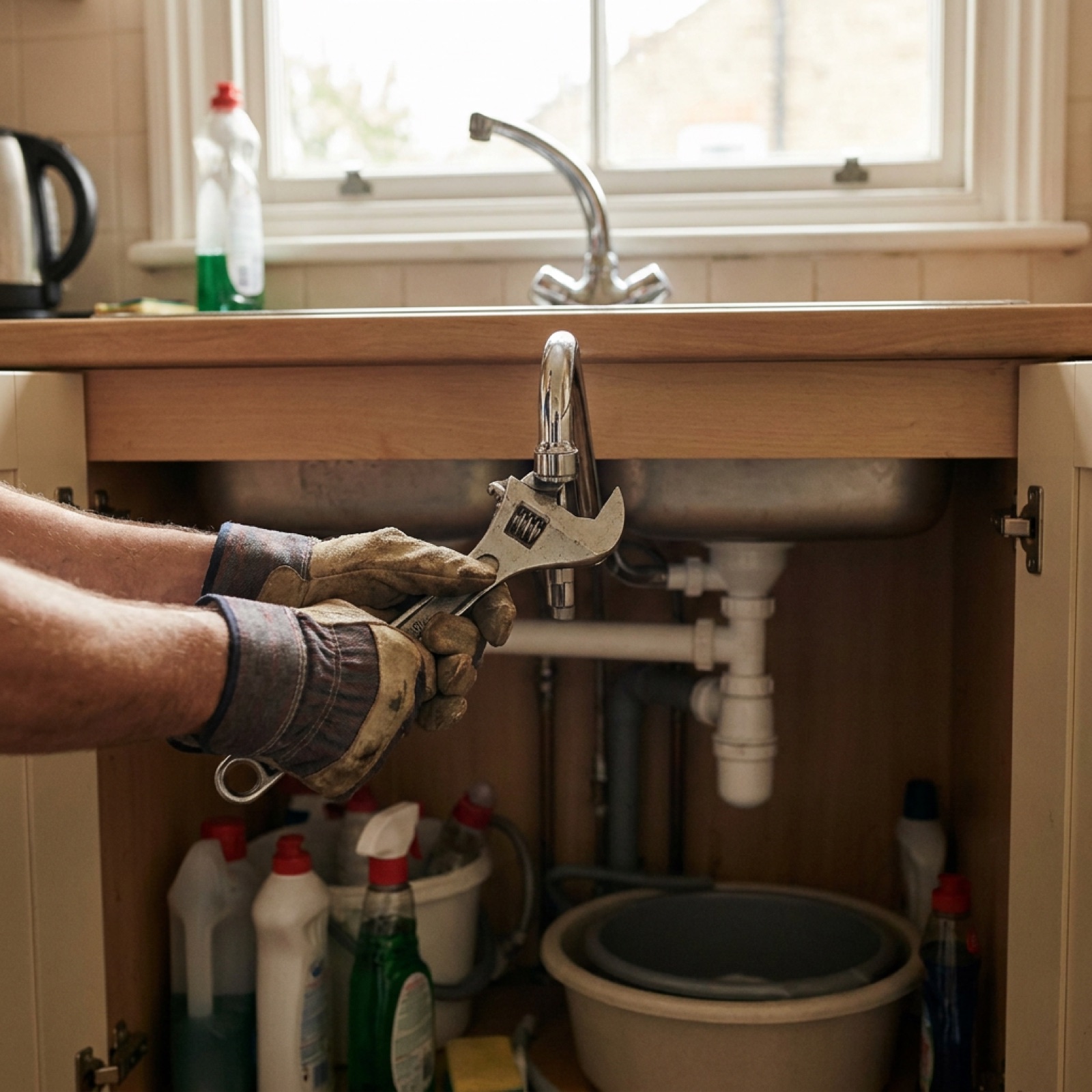 Handyman mid-job, repairing a kitchen fitting