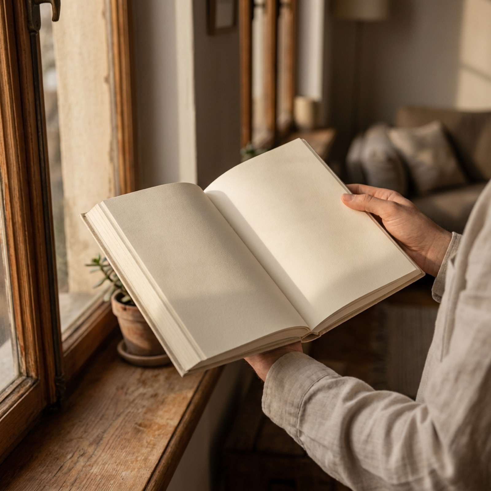 A reader with a clothbound book in warm lamplight