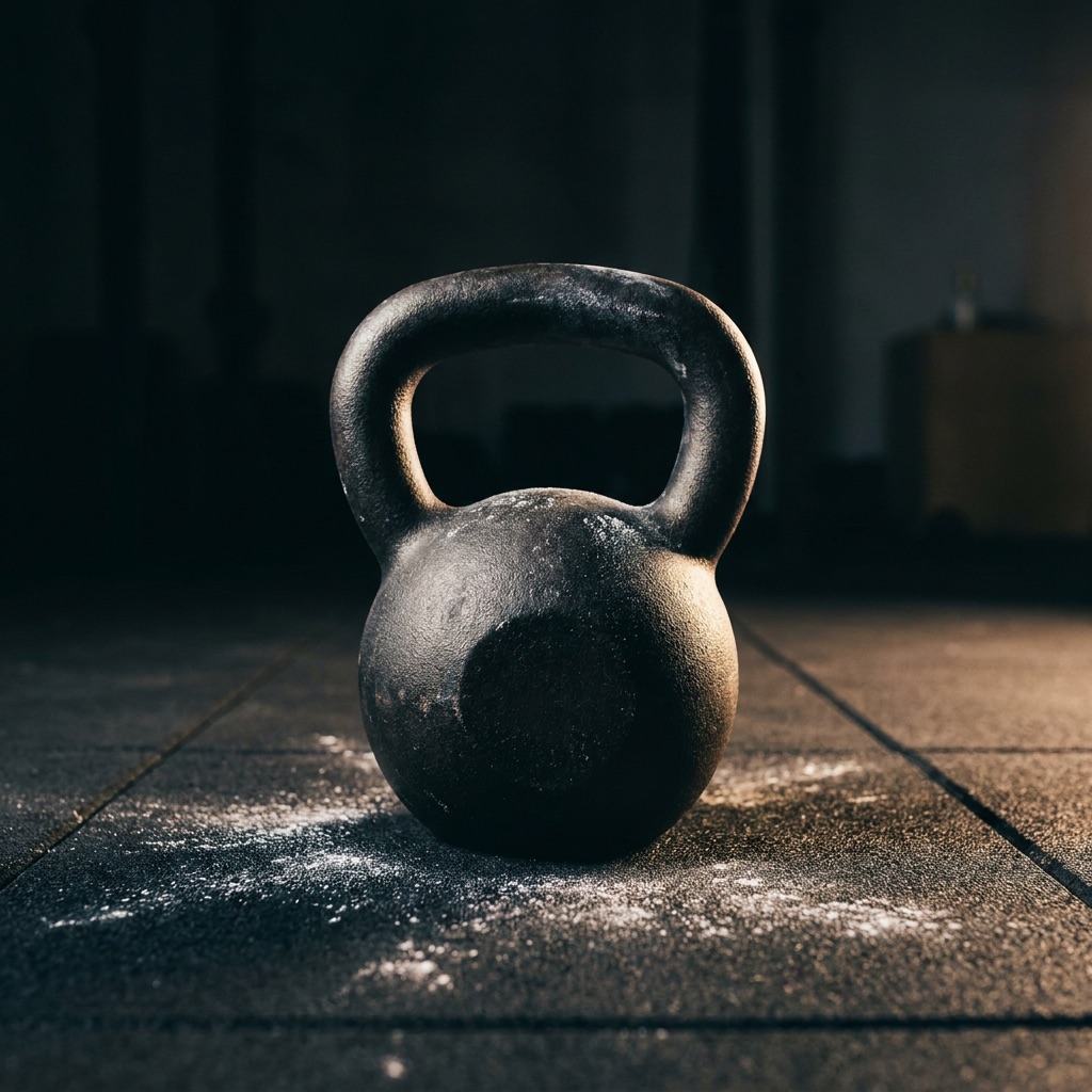A kettlebell on the chalk-dusted floor of the FORM gym
