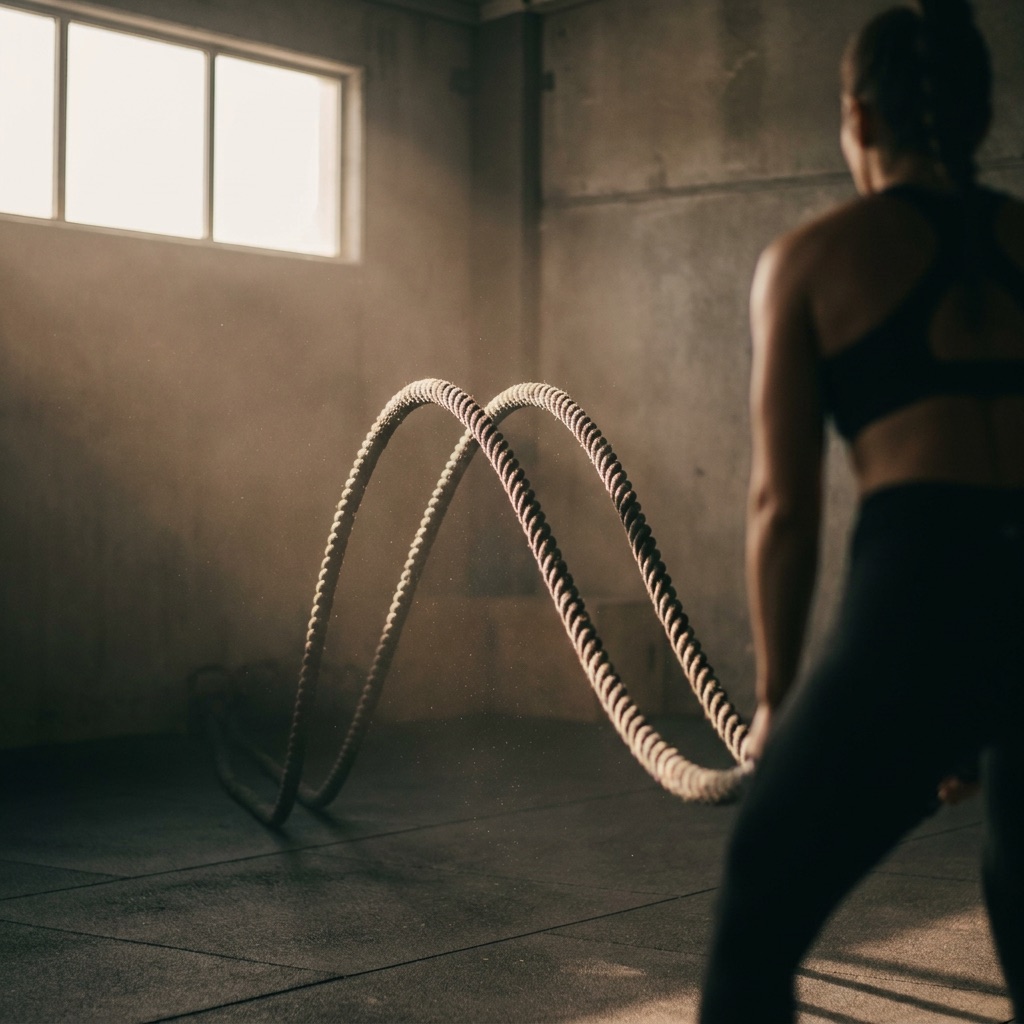 A heavy training rope coiled on the gym floor