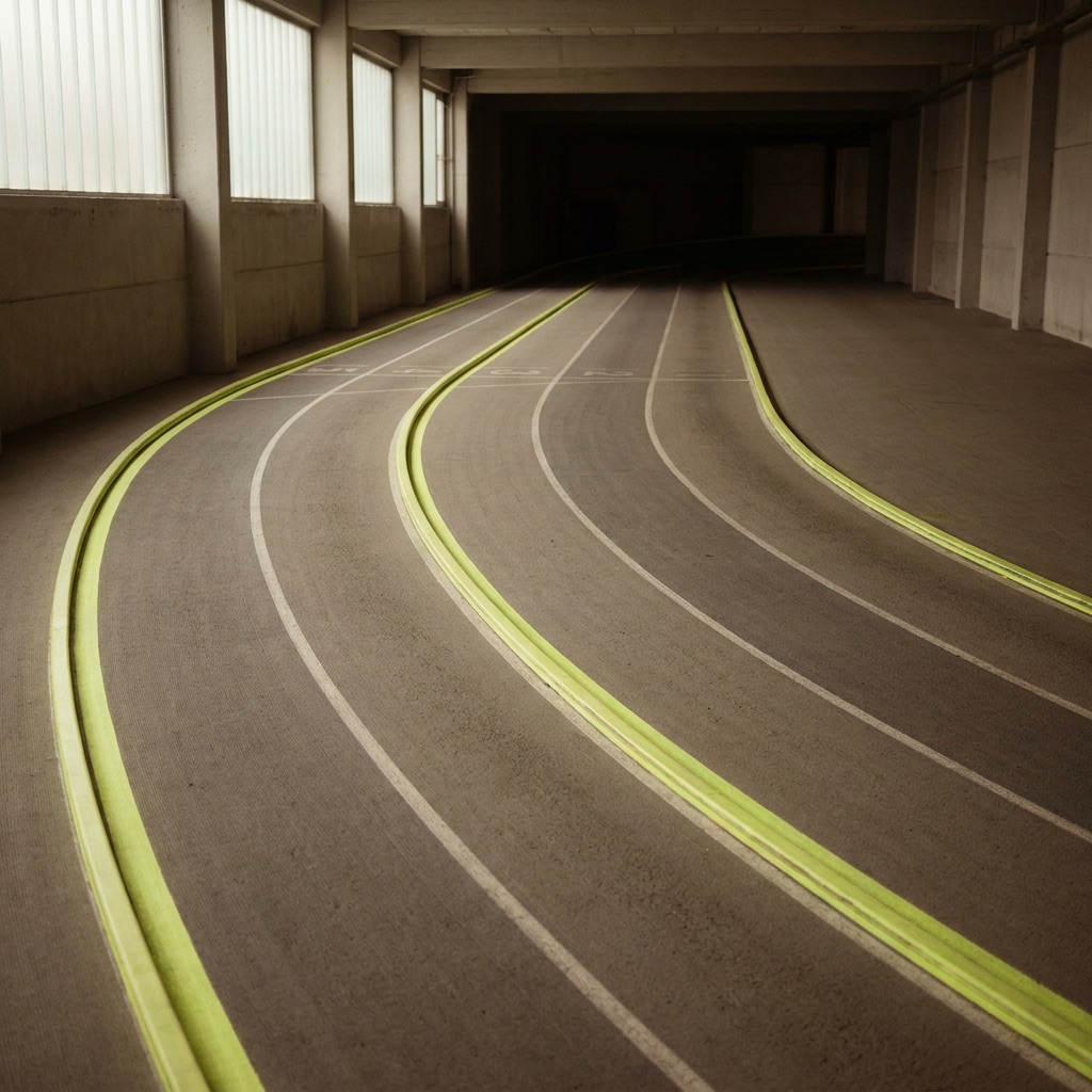 The indoor sprint track at FORM under hard light