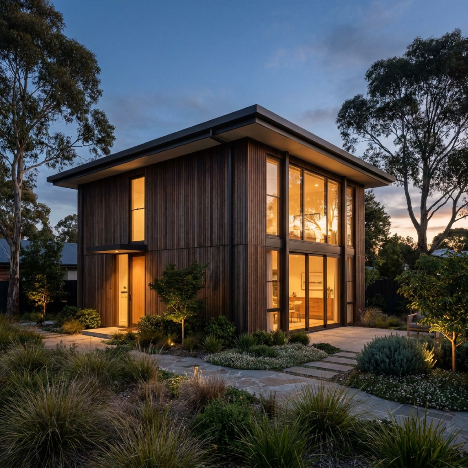 A finished Grade and Beam family home at dusk