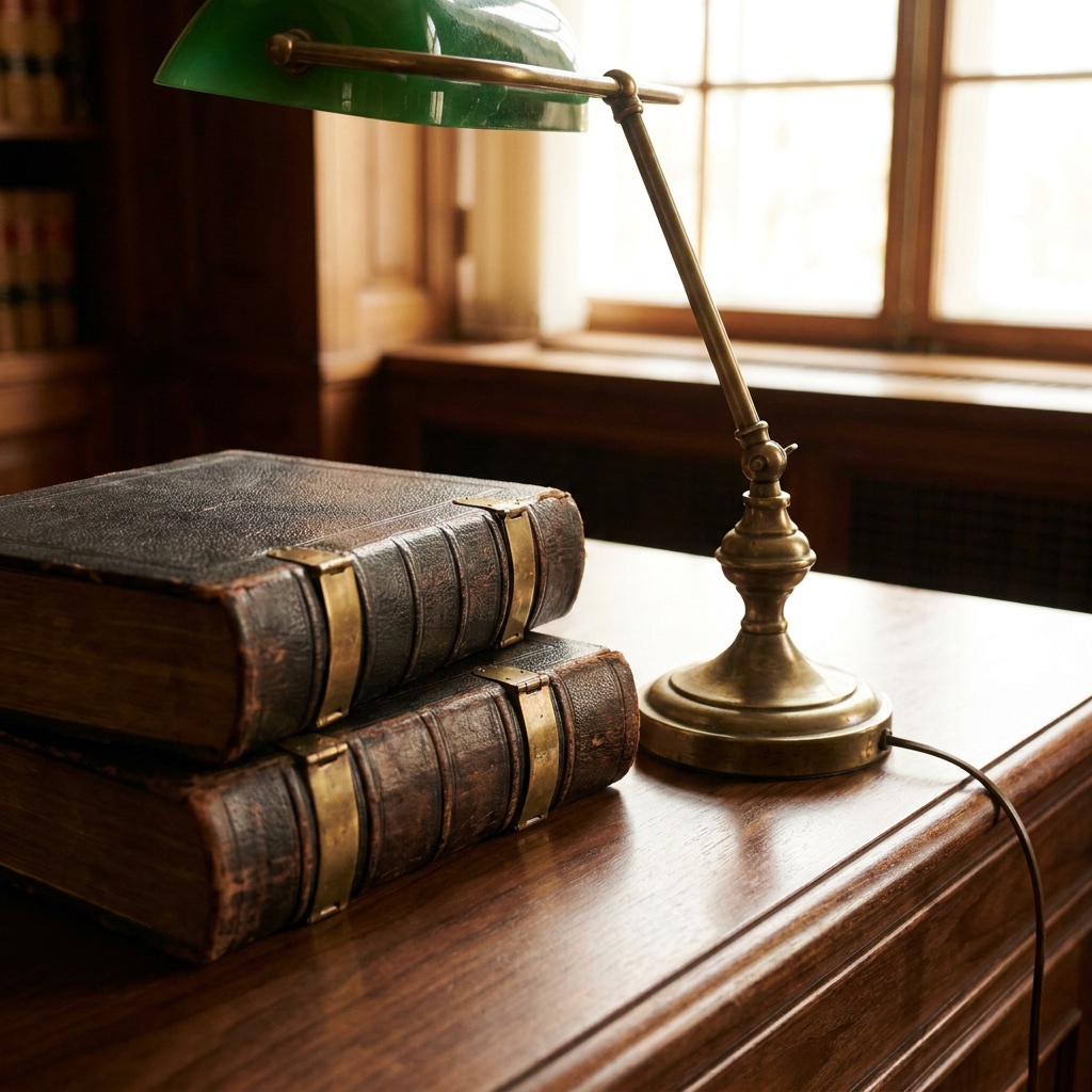 Brass reading lamp and bound law reports on a library table
