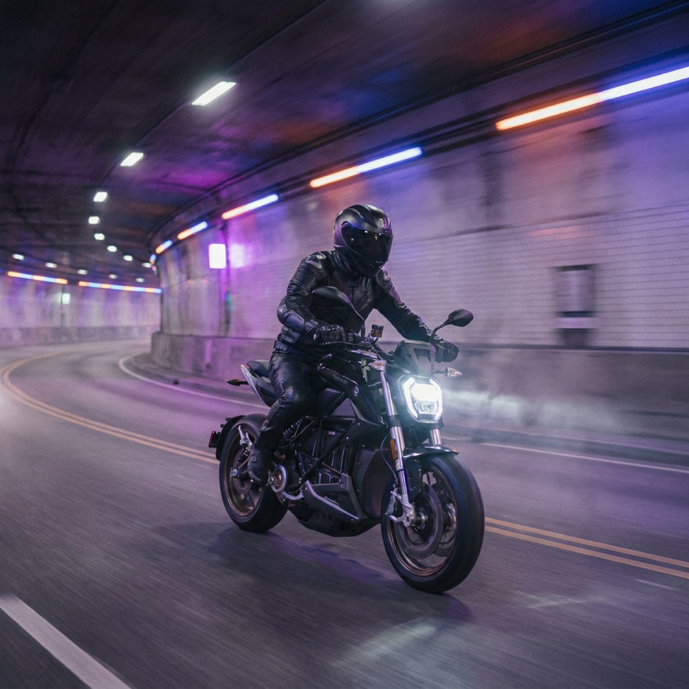 The ION motorcycle at night, volt-yellow accents glowing under city light