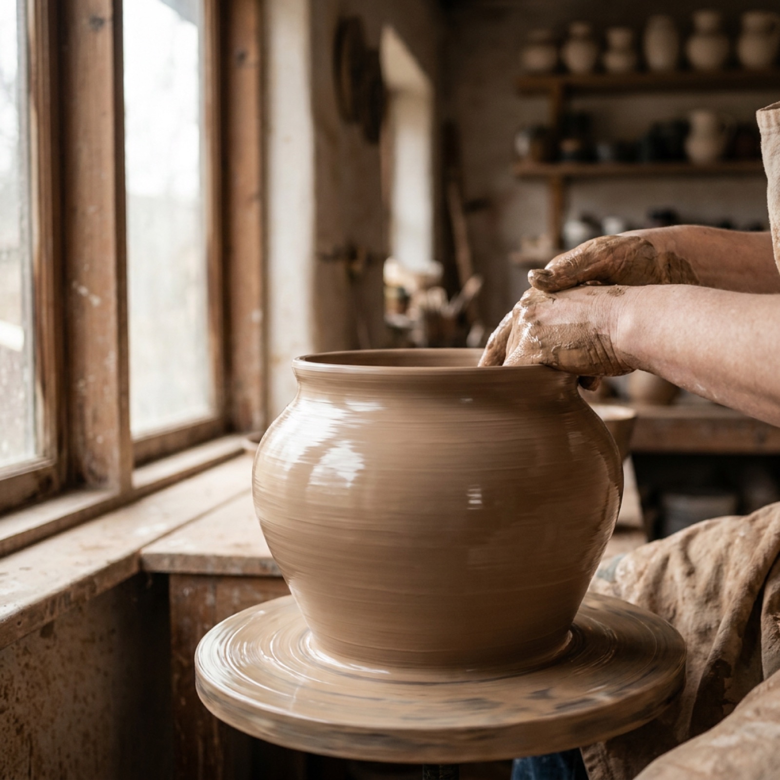 Hands shaping wet clay on the potter's wheel