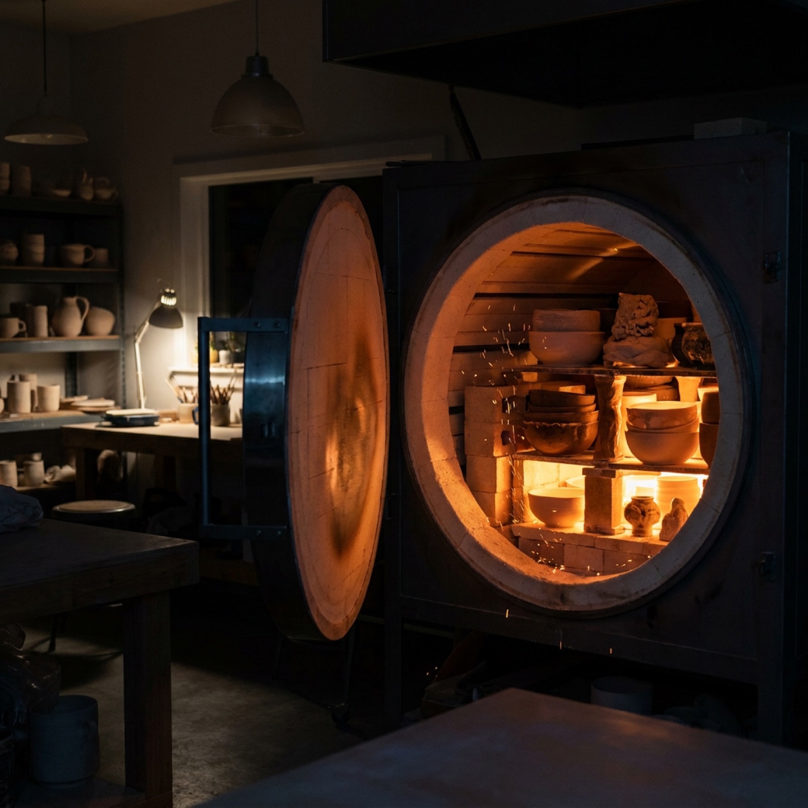 Glowing interior of the kiln at full firing temperature