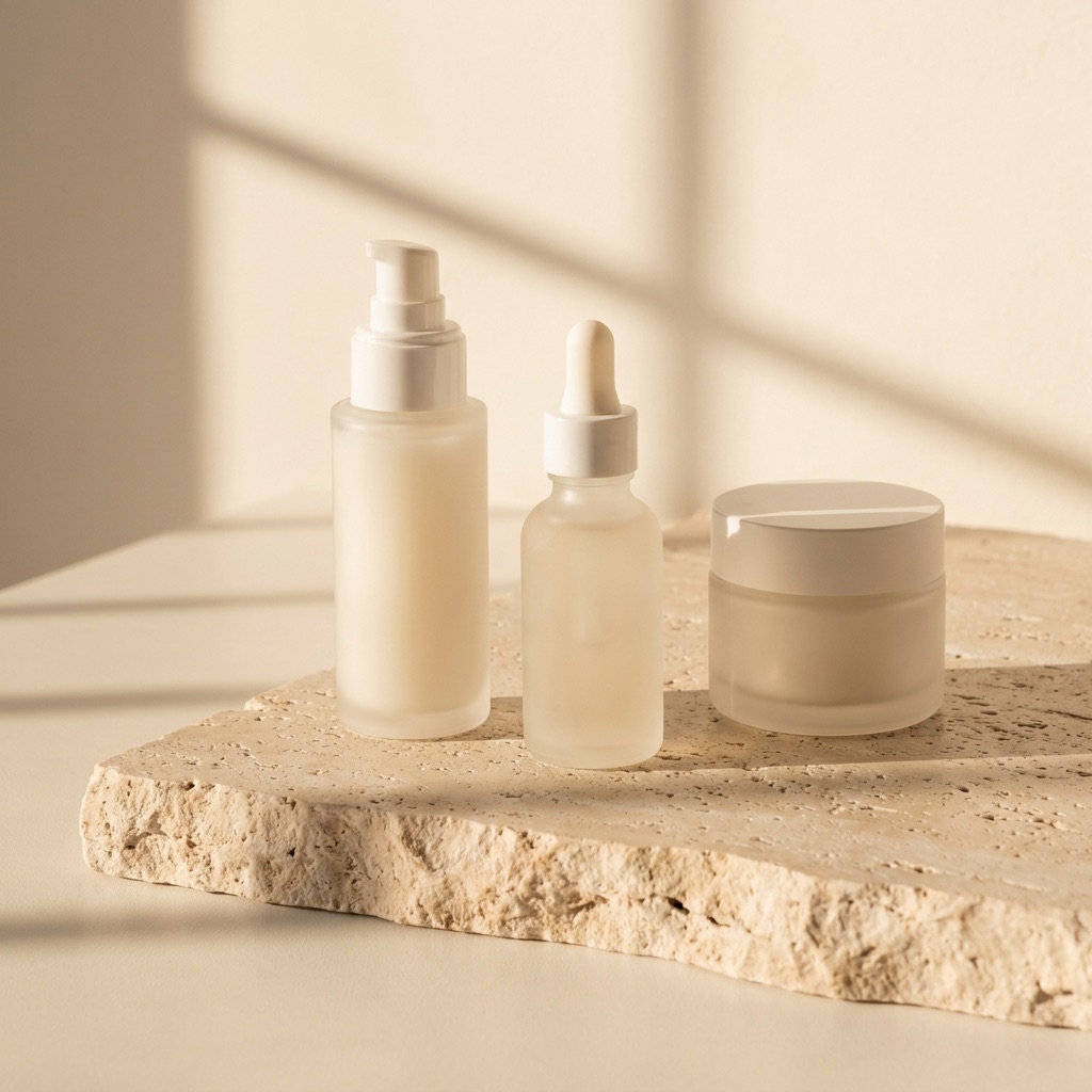 Three frosted glass bottles resting on warm travertine stone