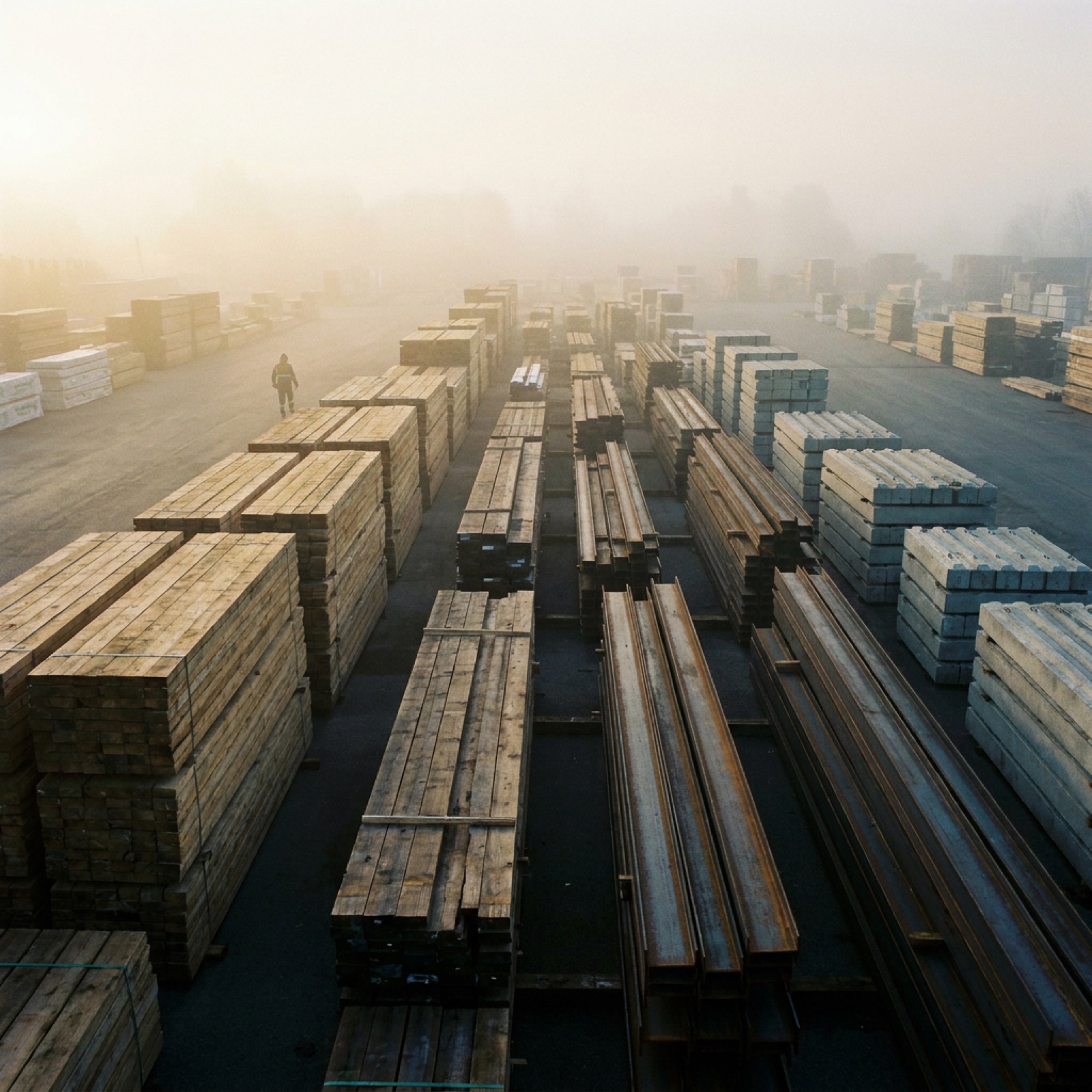 Materials yard at dawn — stacked concrete, timber and steel under low light