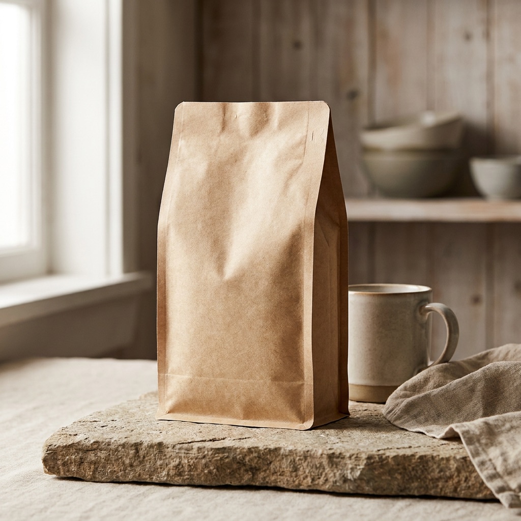 A bag of NOMA Slate roast standing on a wooden counter