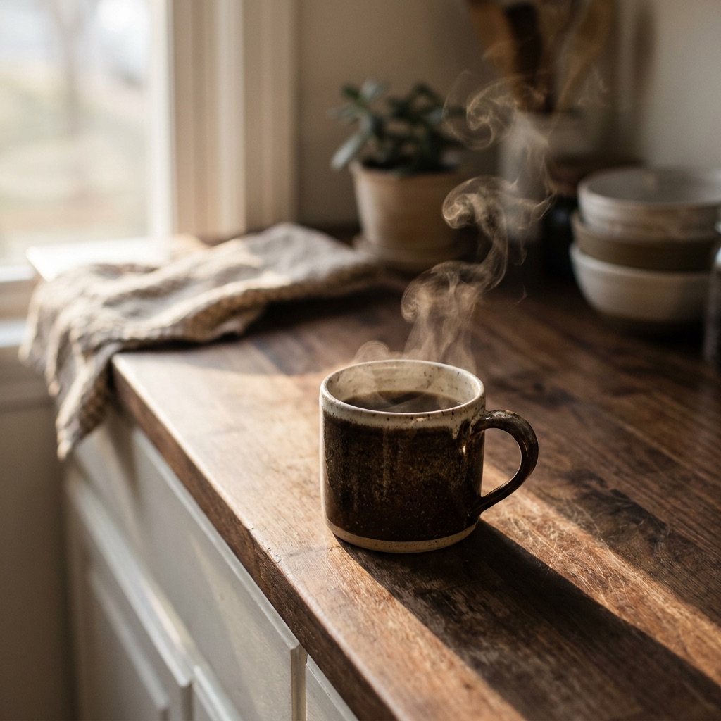 A steaming cup of black coffee on a walnut counter, morning light raking across the wood