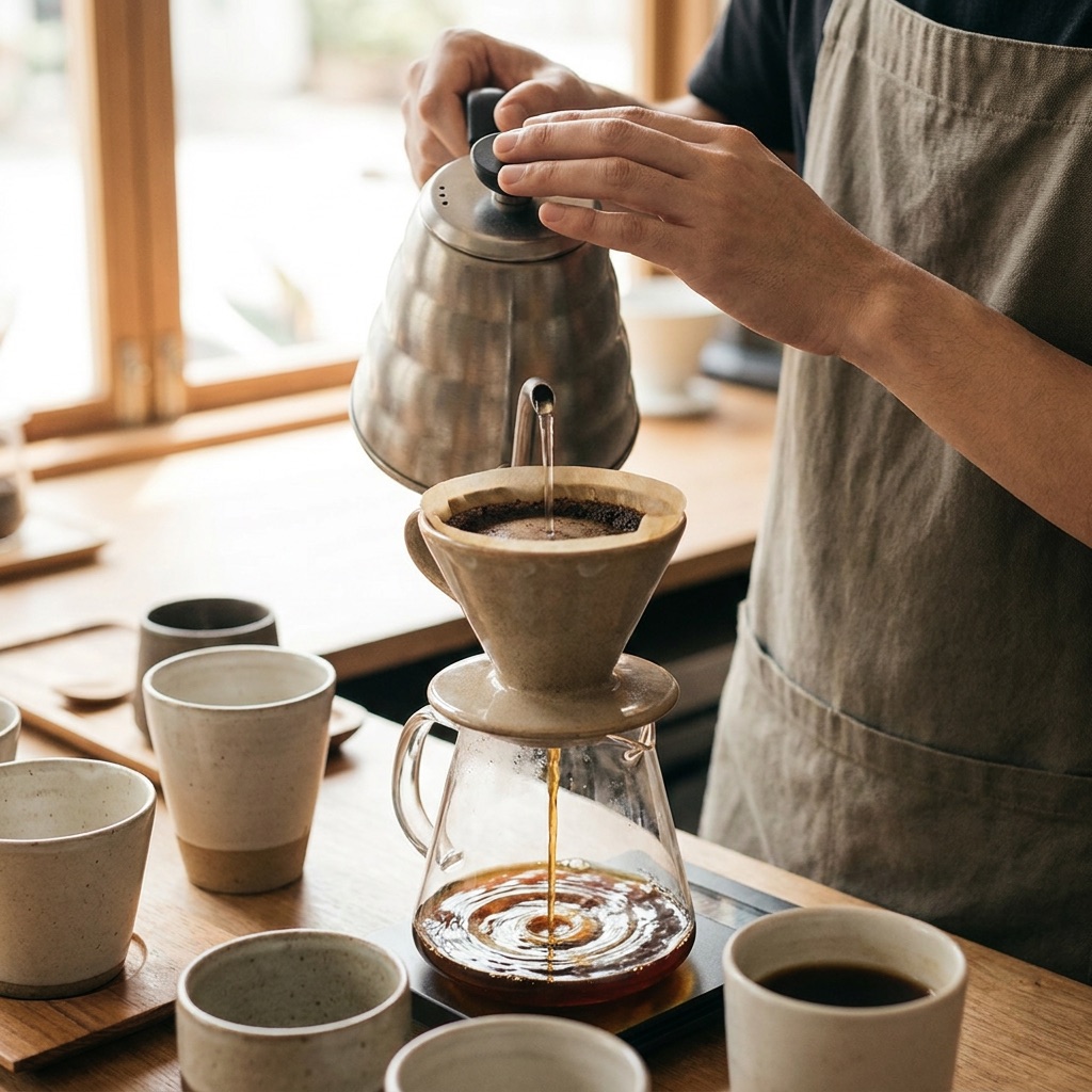 A slow pour-over in progress, water blooming through fresh grounds