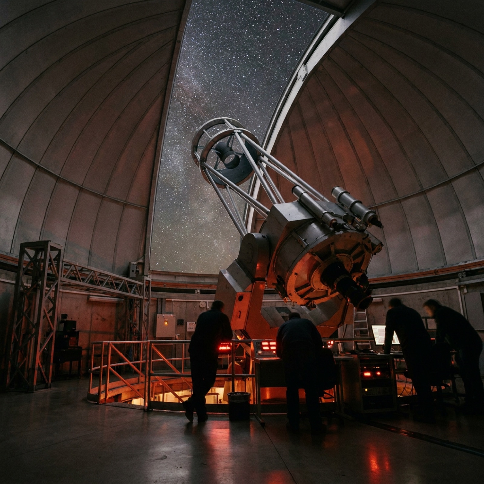The main refractor telescope inside the NORD dome, lit faintly red
