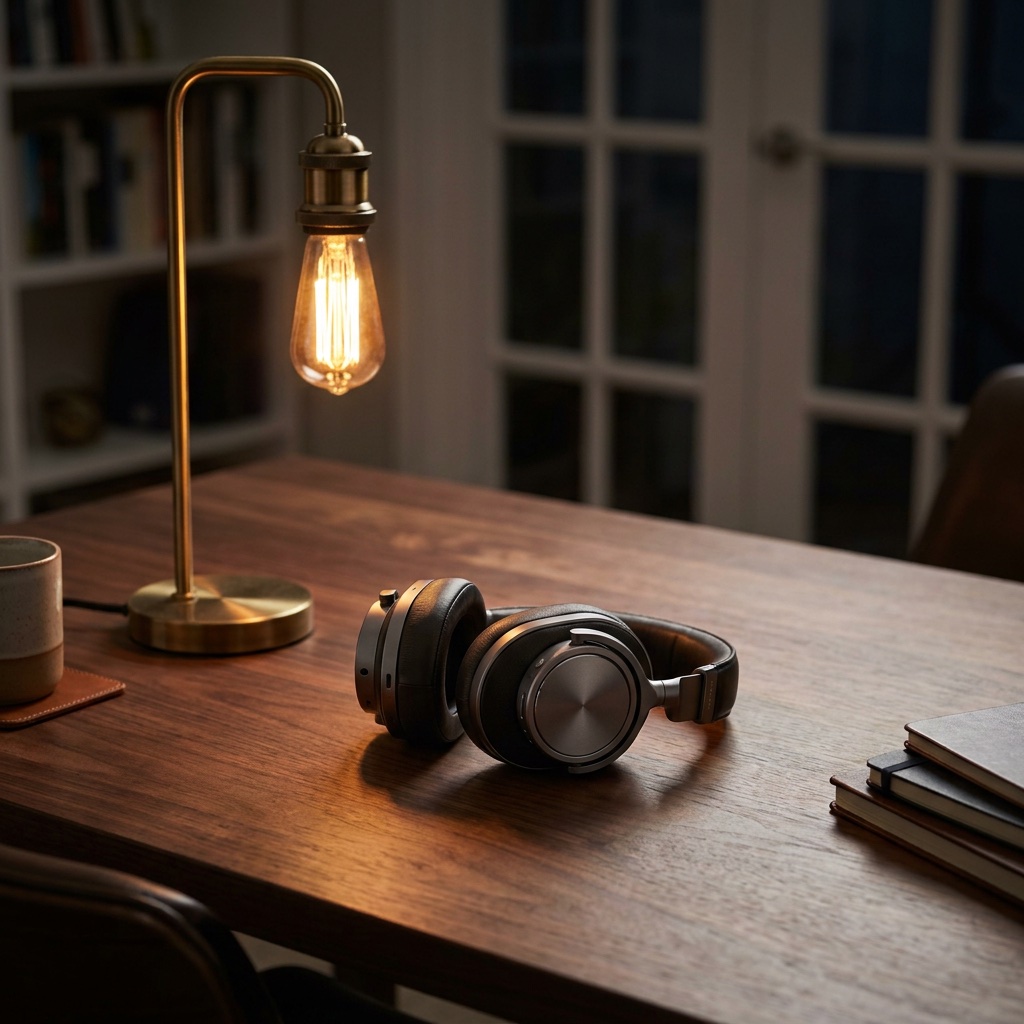 OPUS headphones resting beside a listening desk in warm light