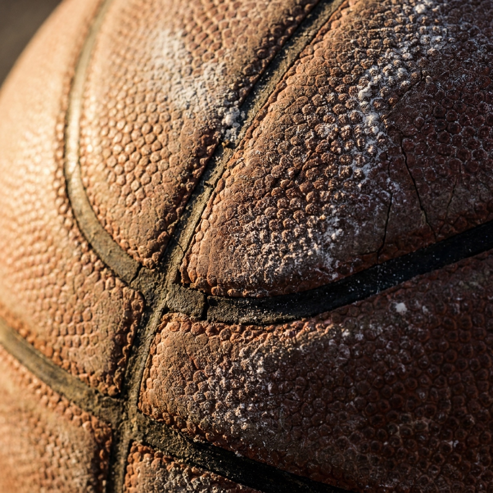 Macro close-up of a basketball's pebbled leather texture