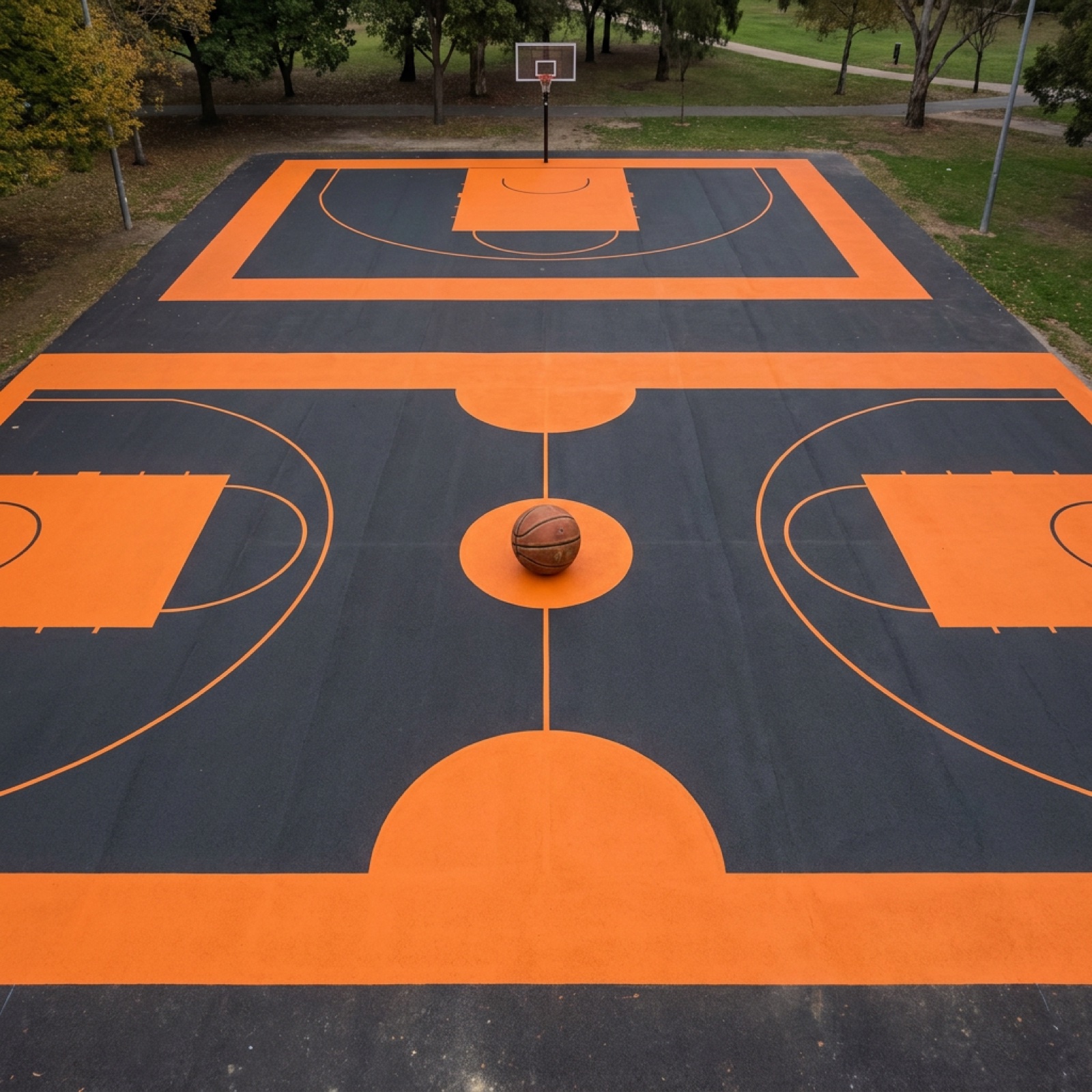 Aerial view of an orange and charcoal basketball court