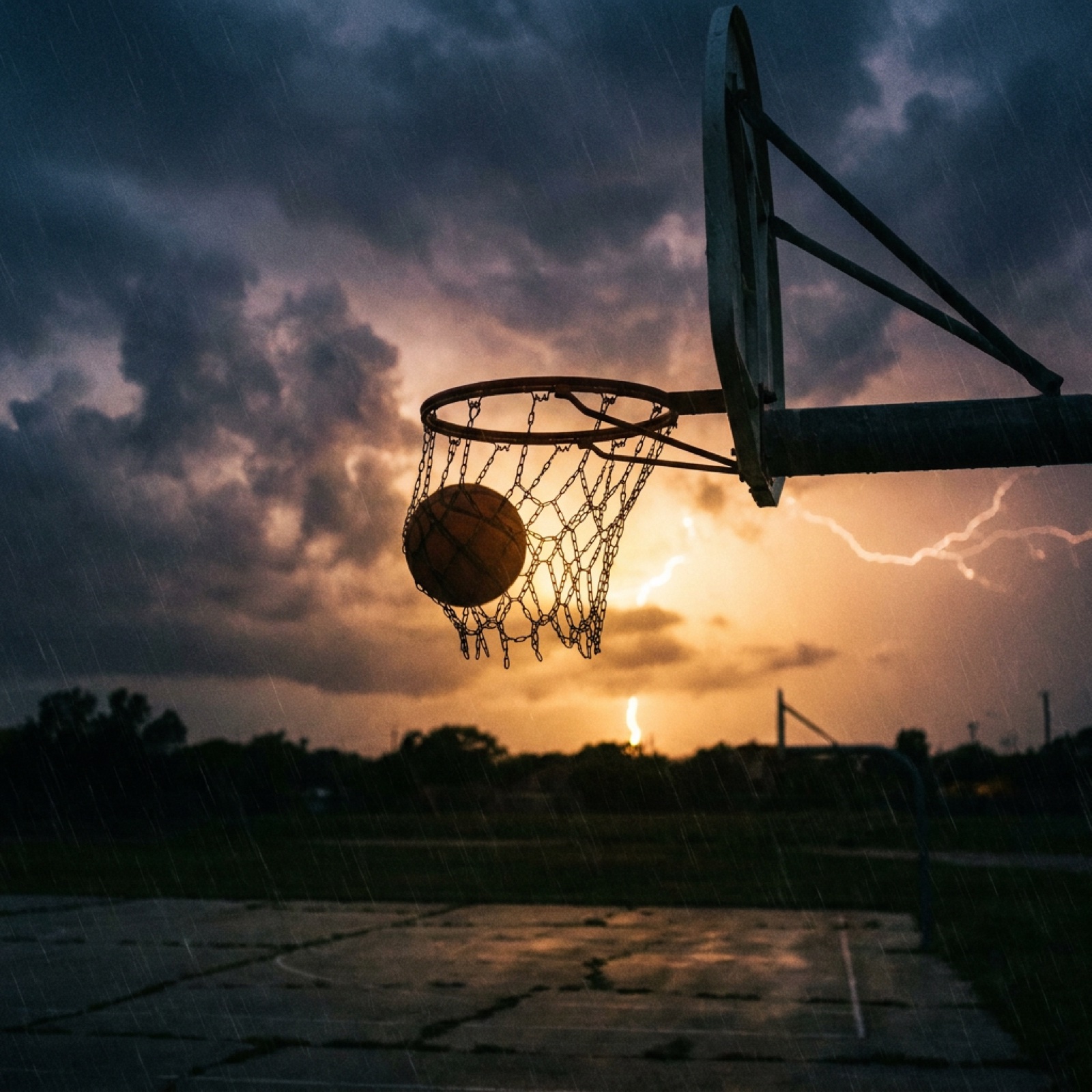 A basketball dropping clean through the net against a stormy dusk sky