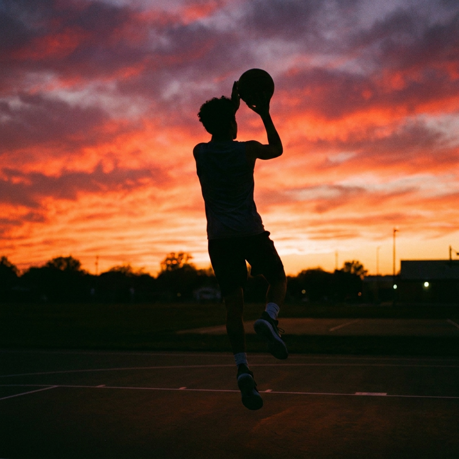 Silhouette of a young player rising into a jump shot against the sunset