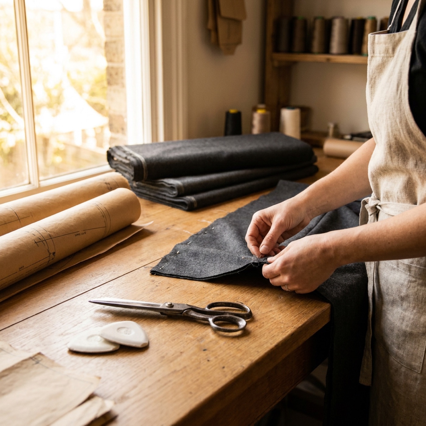 Hands finishing a garment seam in the Rue Neuf atelier