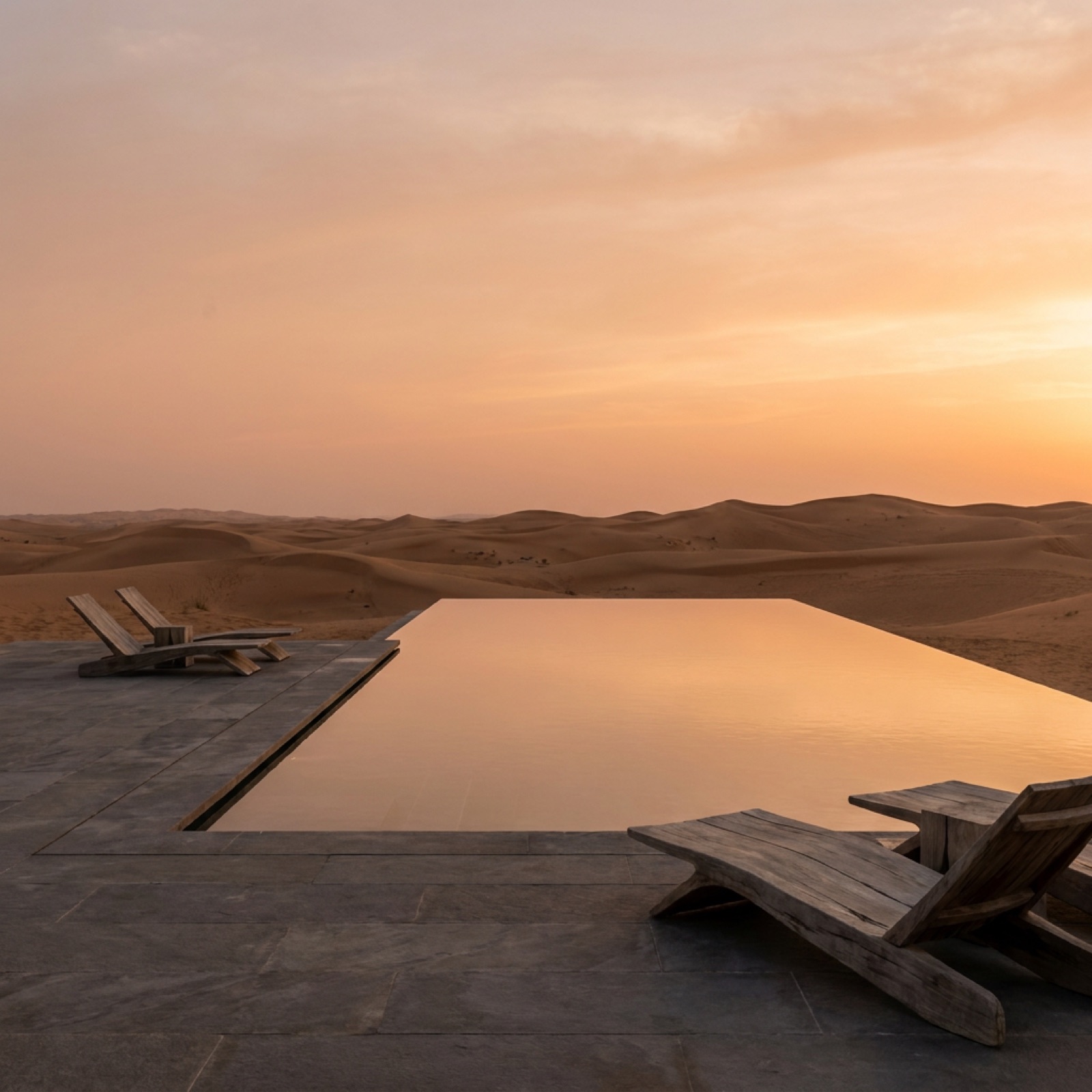 Still pool reflecting the last violet light over the desert