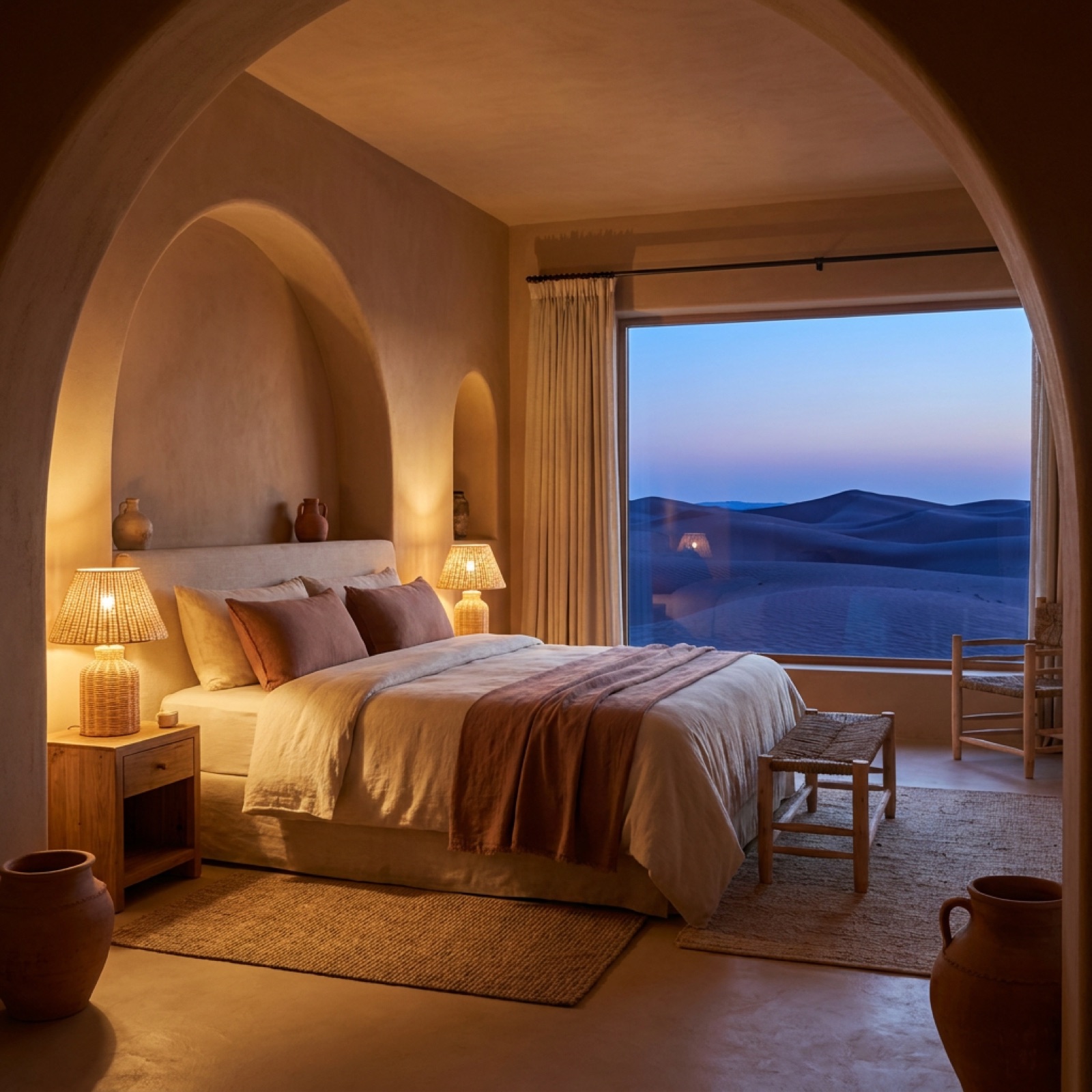 A Sable suite at dusk — plaster walls, low bed, one wide window onto open desert
