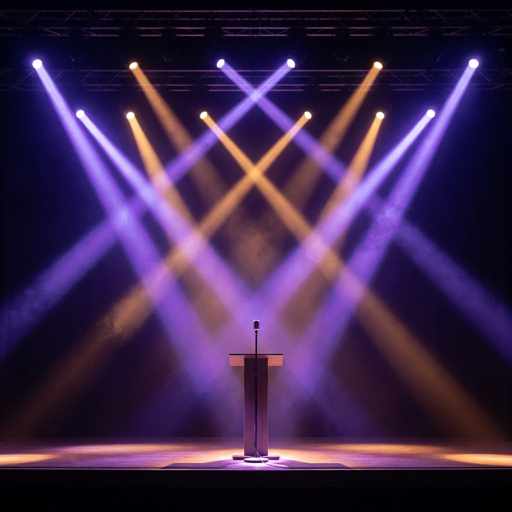 The main stage under orange and violet beams