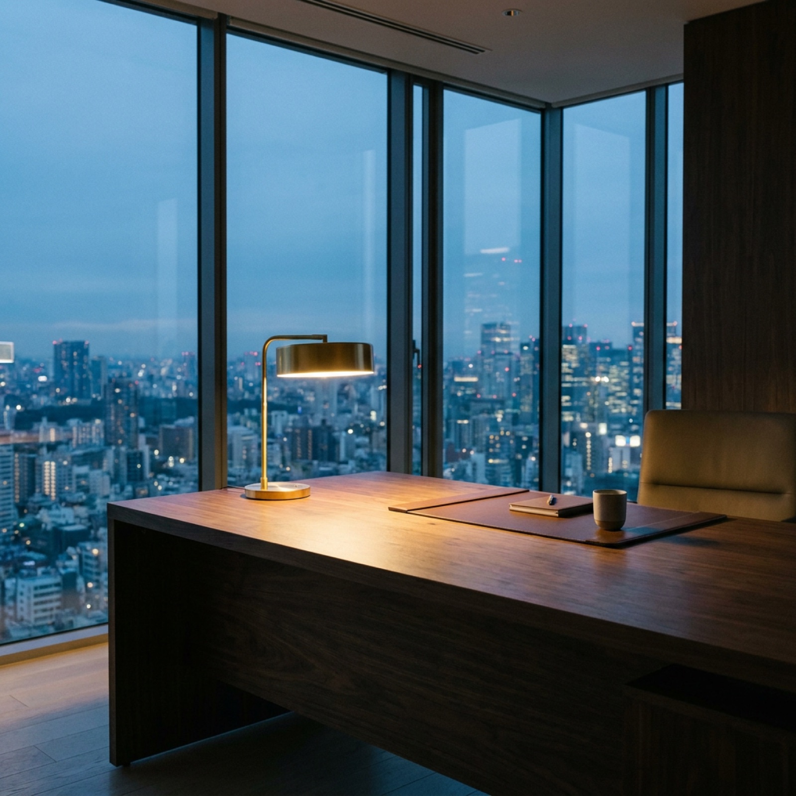 A quiet private office with a long walnut table and low light