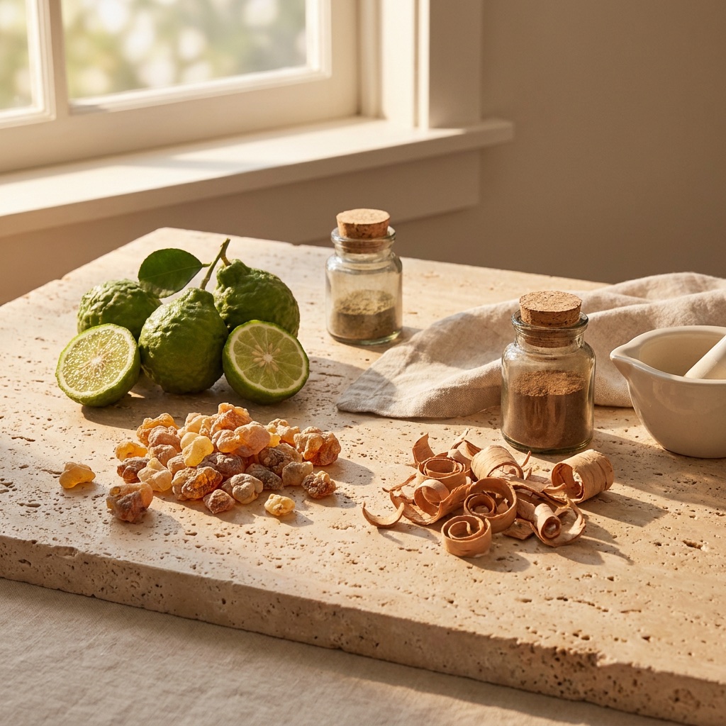 Raw fragrance materials — citrus peel, resin and wood, arranged on warm stone