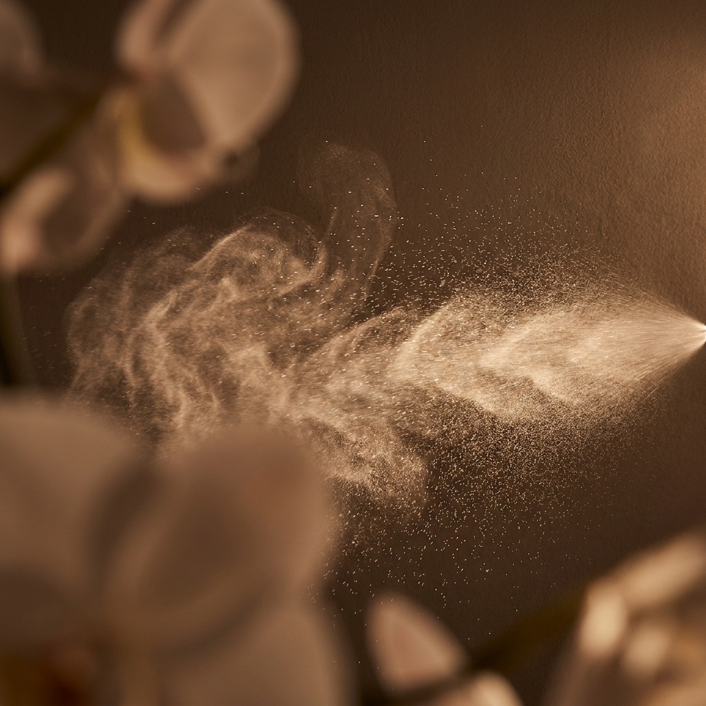 A fine mist of fragrance catching golden light