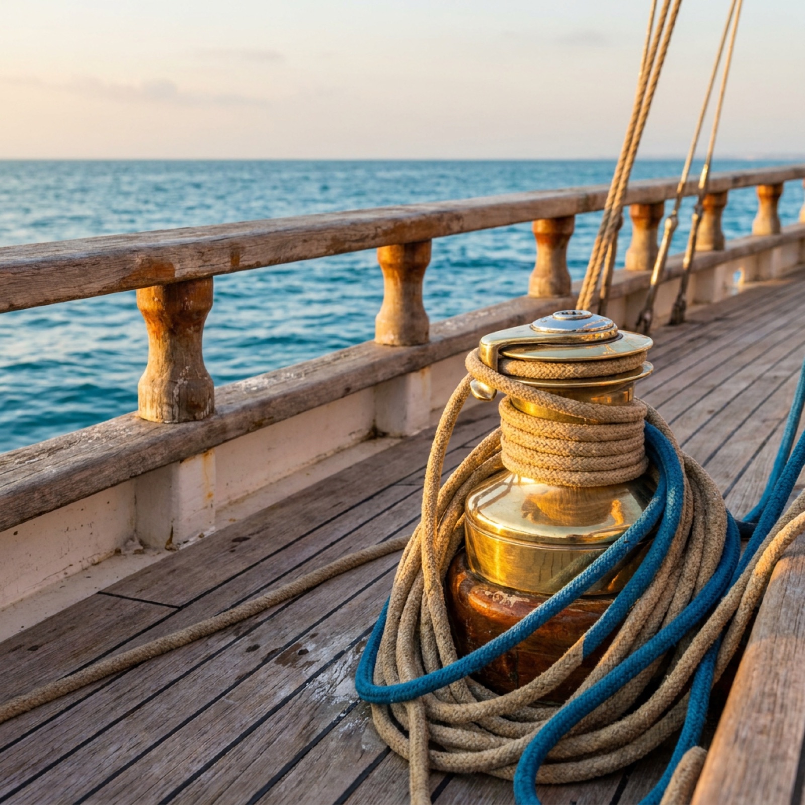 Teak deck of a Vela yacht with coiled lines and brass fittings