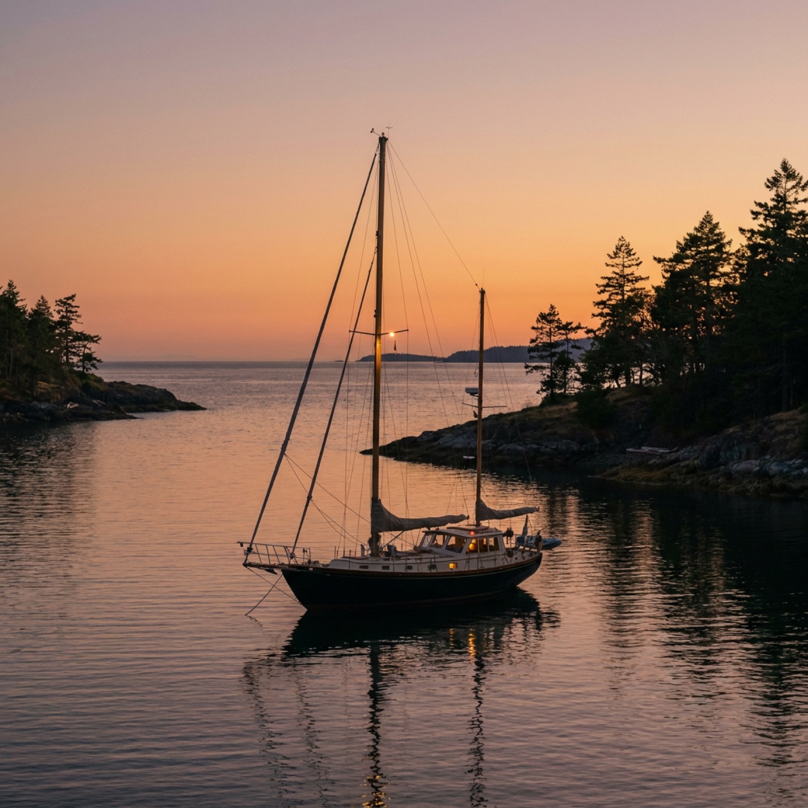 Yacht at anchor in a quiet cove at dusk