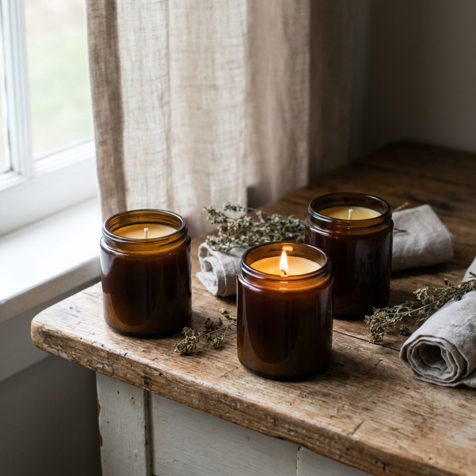 Beeswax candle with a soft flame