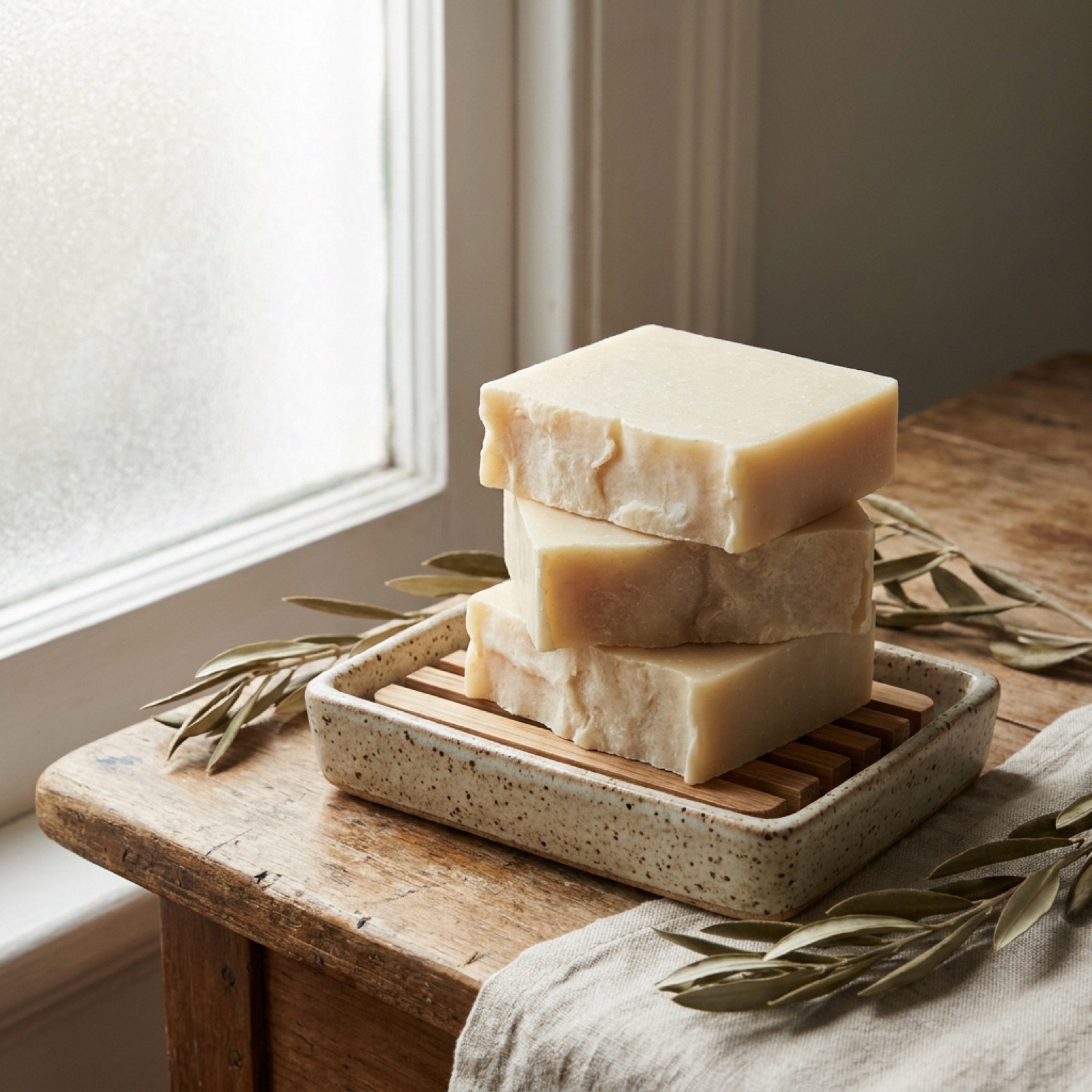 Bar of olive oil soap on a linen cloth
