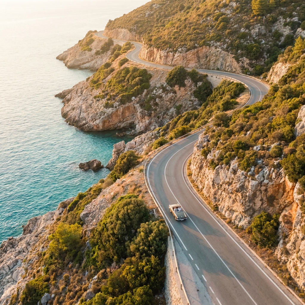 Aerial view of a coastal road winding along turquoise water and cliffs