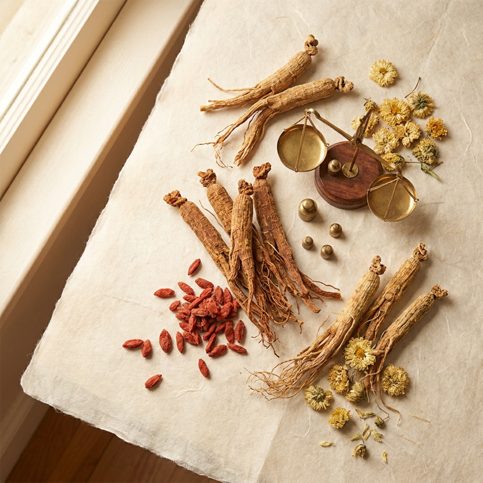 Dried goji berries, chrysanthemum, jujube, and tangerine peel arranged on rice paper