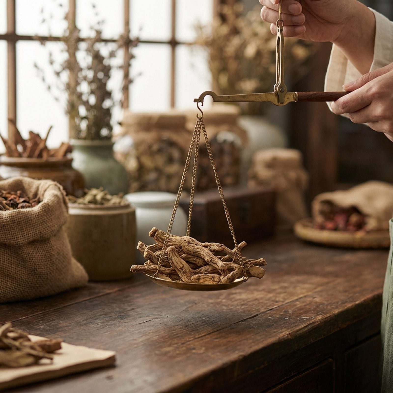 A hand-held brass steelyard scale weighing dried herbs