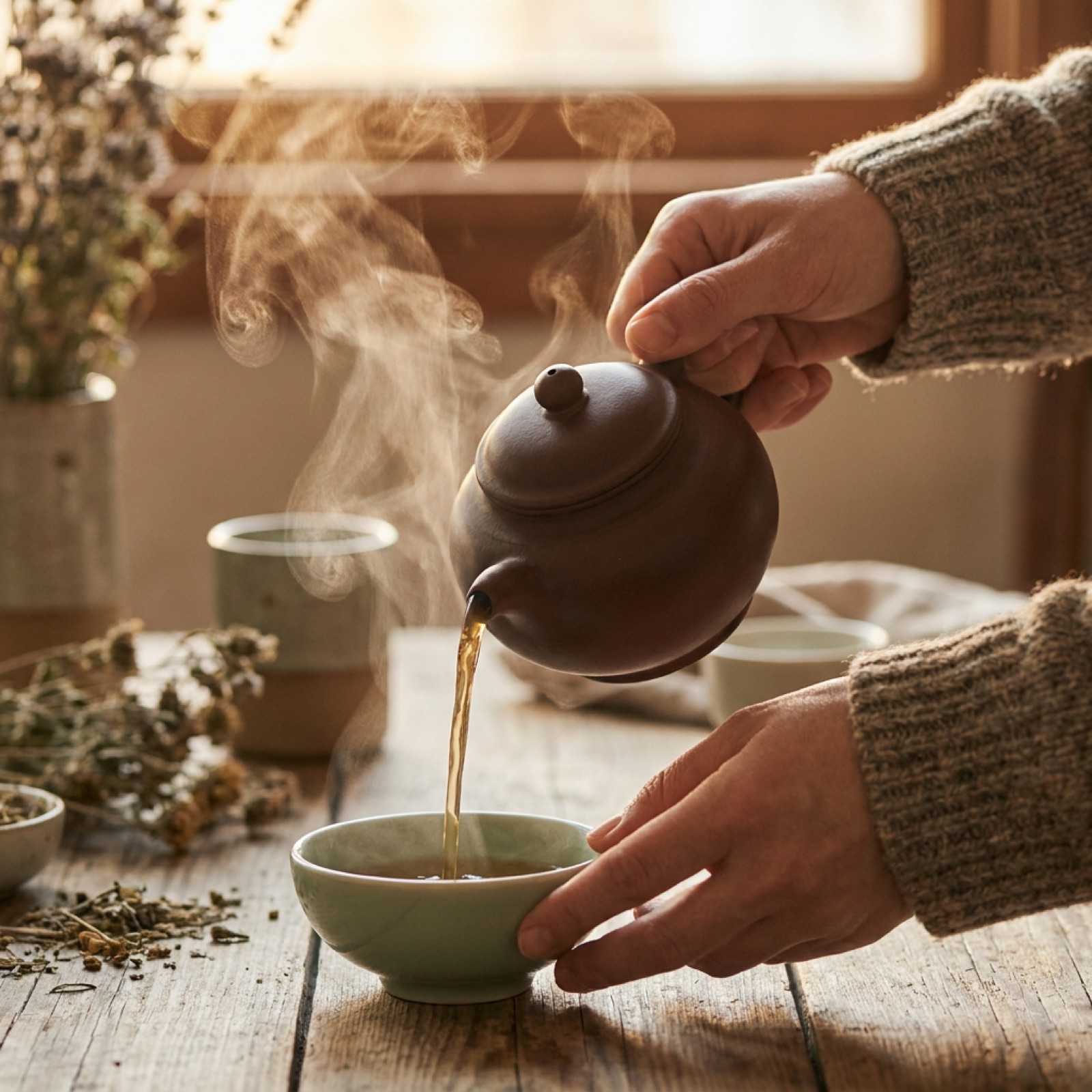 Hot water poured over chrysanthemum flowers in a glass teapot