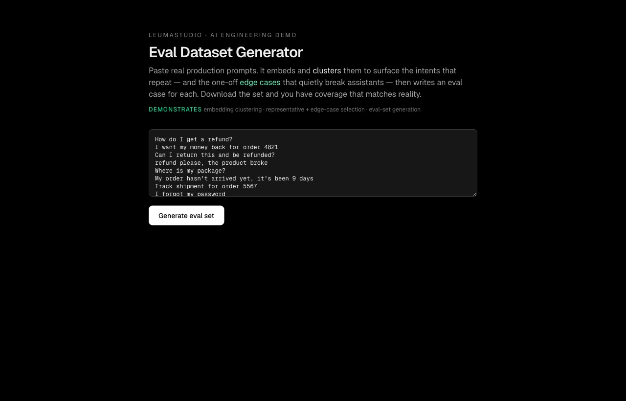 Eval Dataset Generator — cluster logs, generate evals